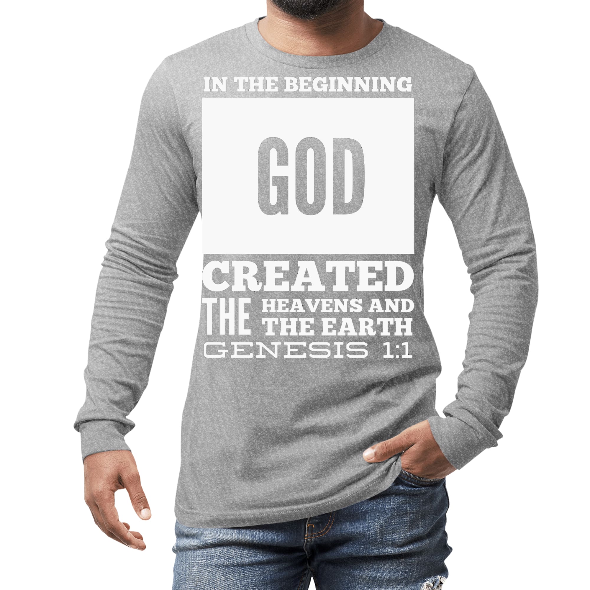 Men's long sleeve graphic t-shirt featuring 'In the Beginning' print, made from soft preshrunk cotton, showcasing a crewneck design.