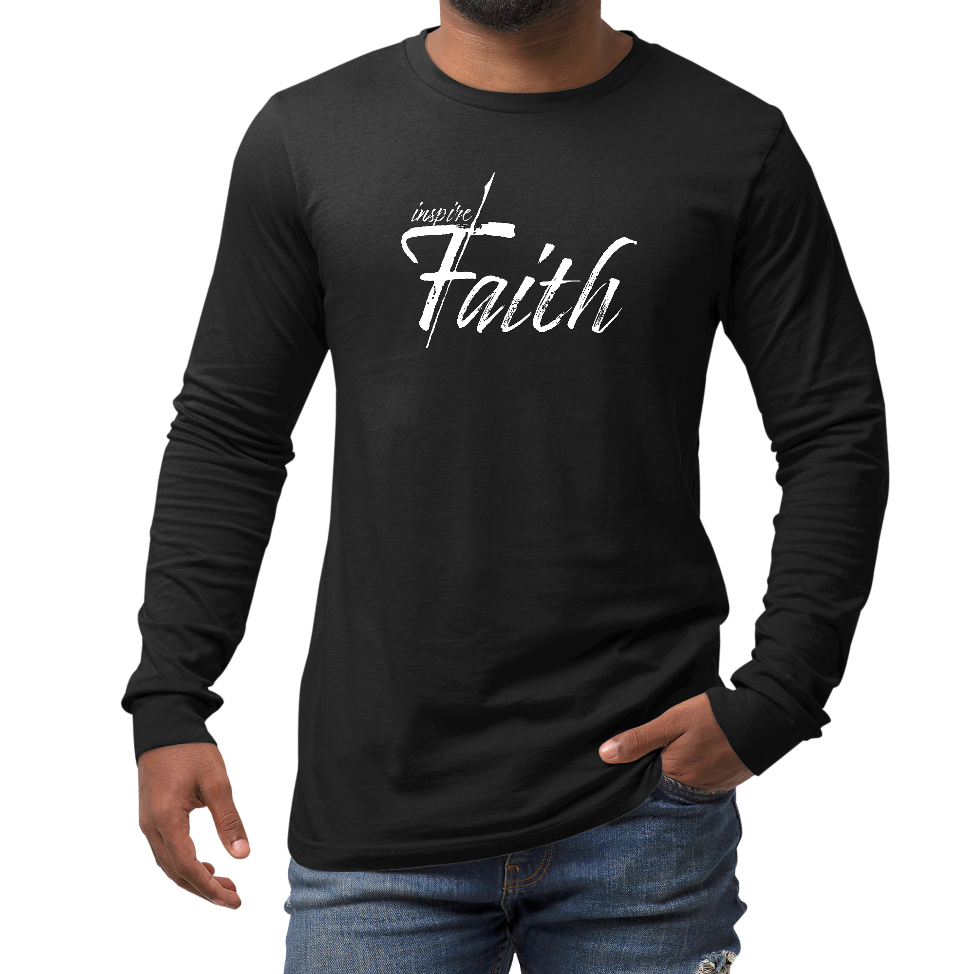 Men's Long Sleeve Graphic T-shirt featuring Inspire Faith white print, showcasing a stylish and comfortable design suitable for all seasons.