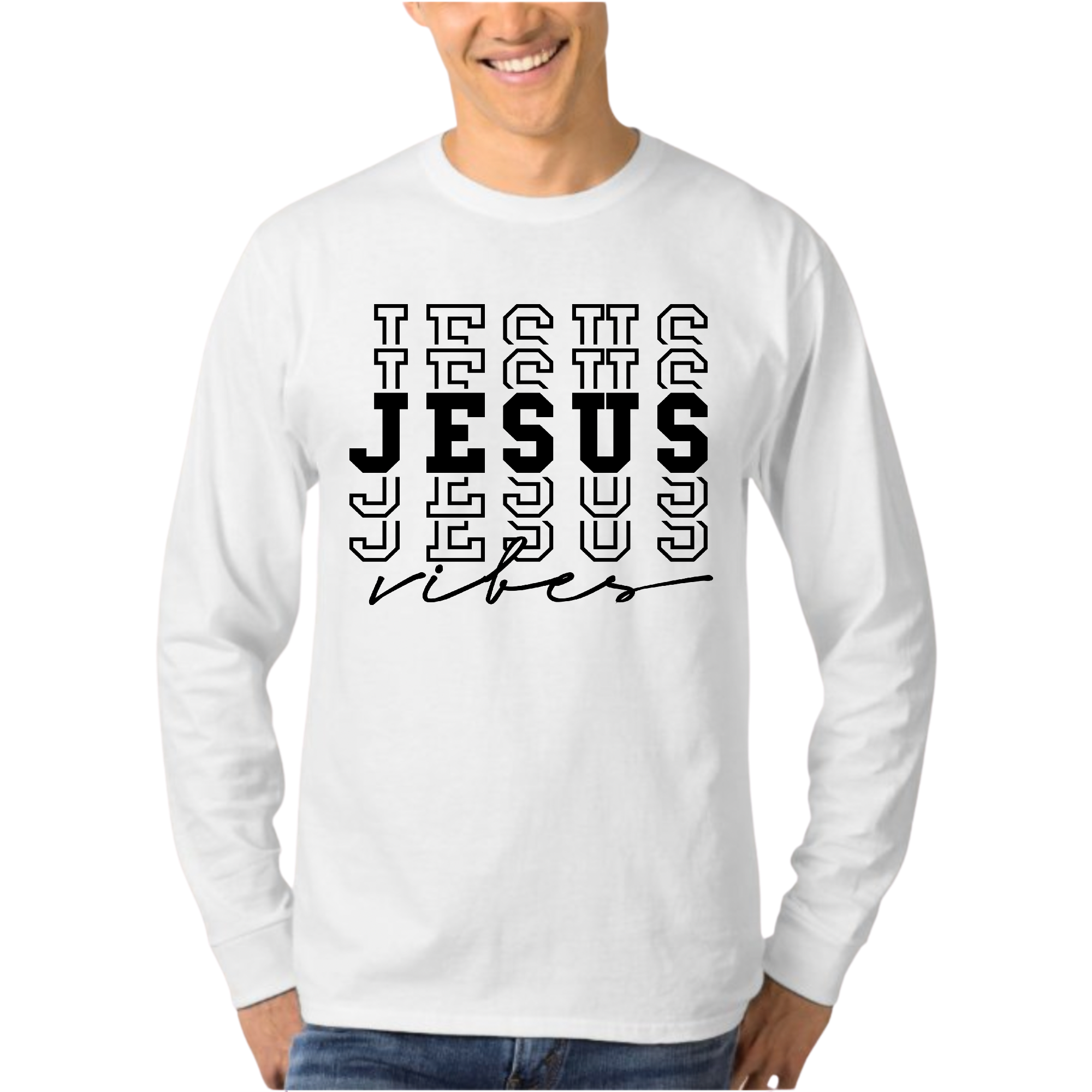 Men's Long Sleeve Graphic T-shirt featuring Jesus Vibes, showcasing a stylish design in soft cotton material.