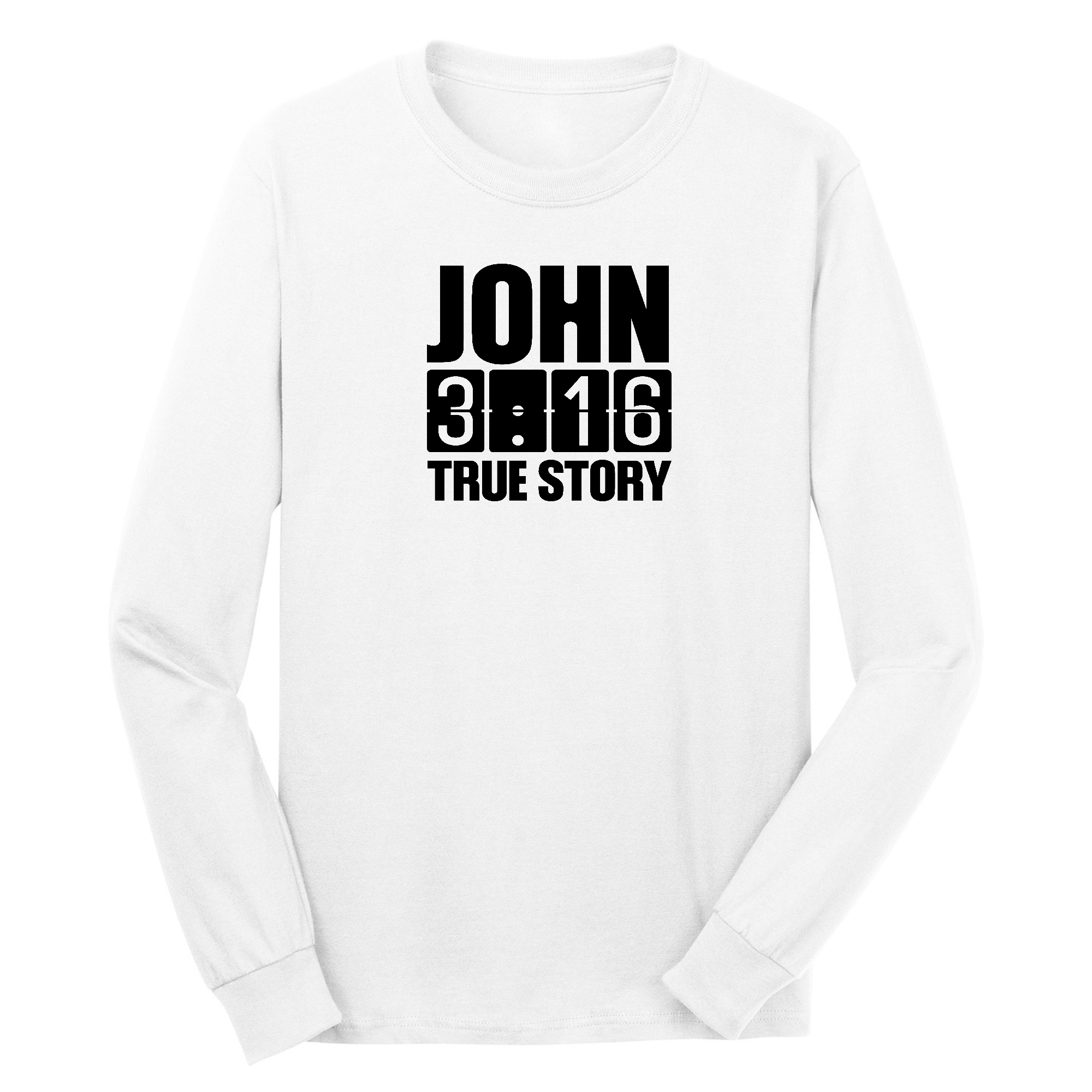 Men's Long Sleeve Graphic T-shirt in black featuring John 3:16 True Story print, made from soft preshrunk cotton.