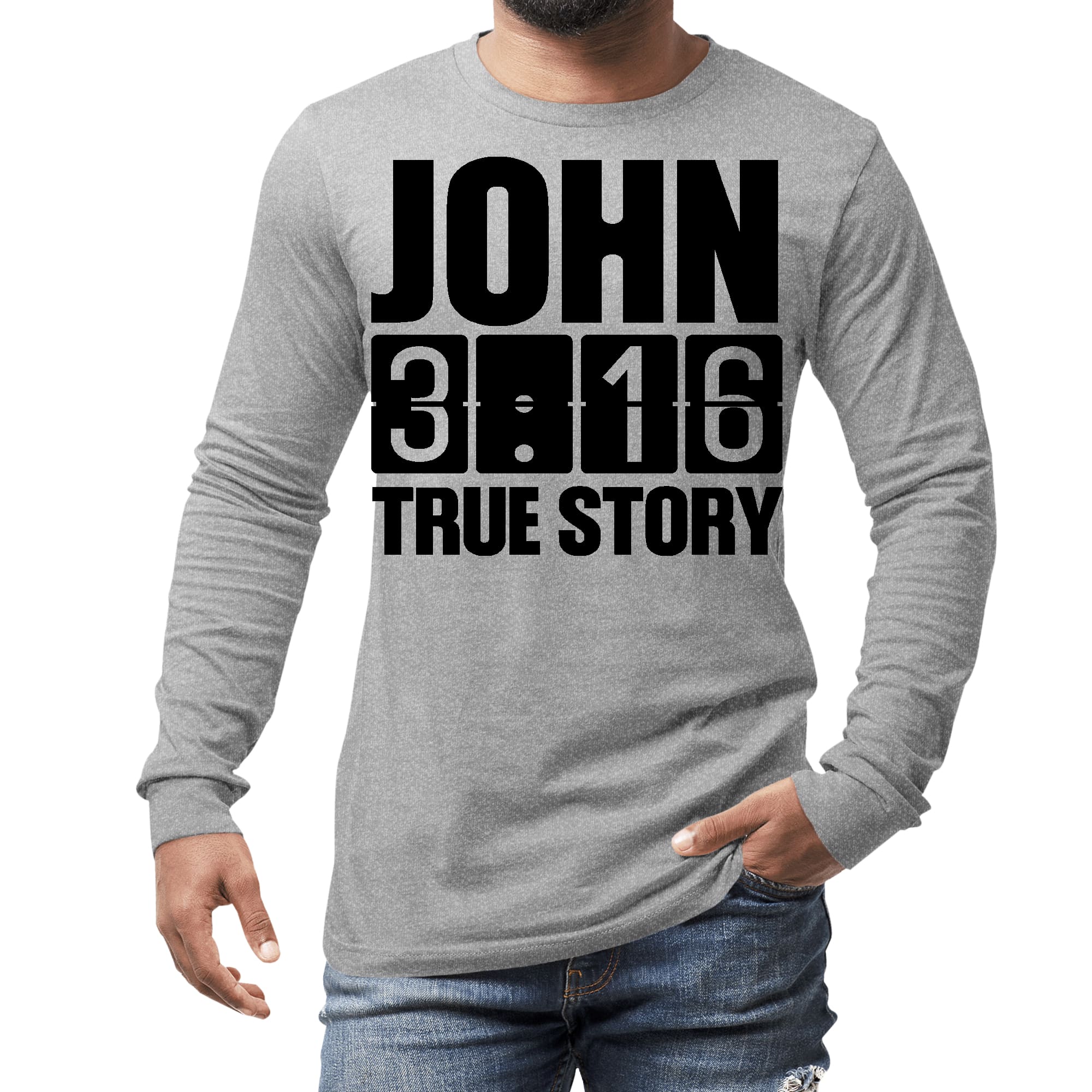 Men's Long Sleeve Graphic T-shirt in black featuring John 3:16 True Story print, made from soft preshrunk cotton.