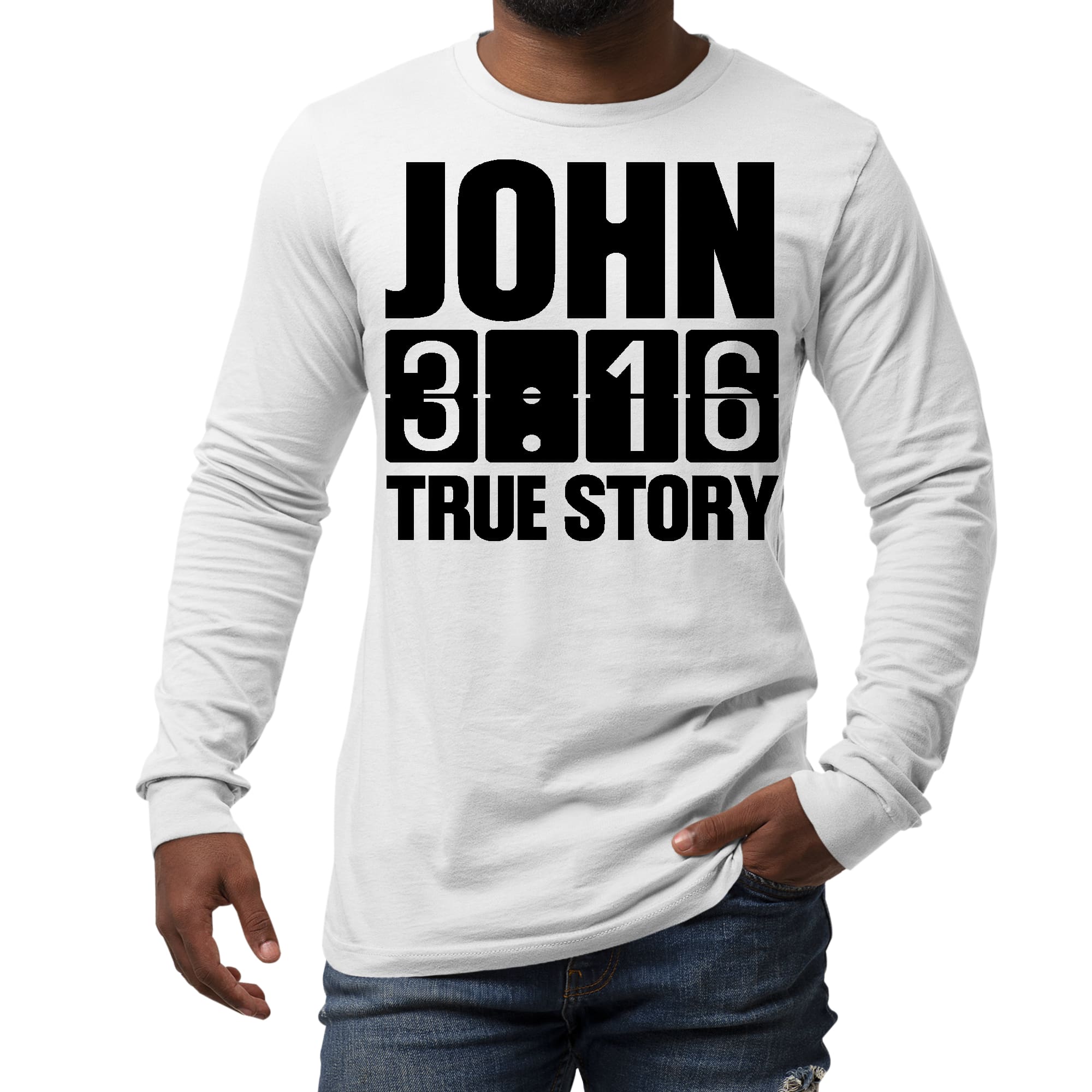 Men's Long Sleeve Graphic T-shirt in black featuring John 3:16 True Story print, made from soft preshrunk cotton.