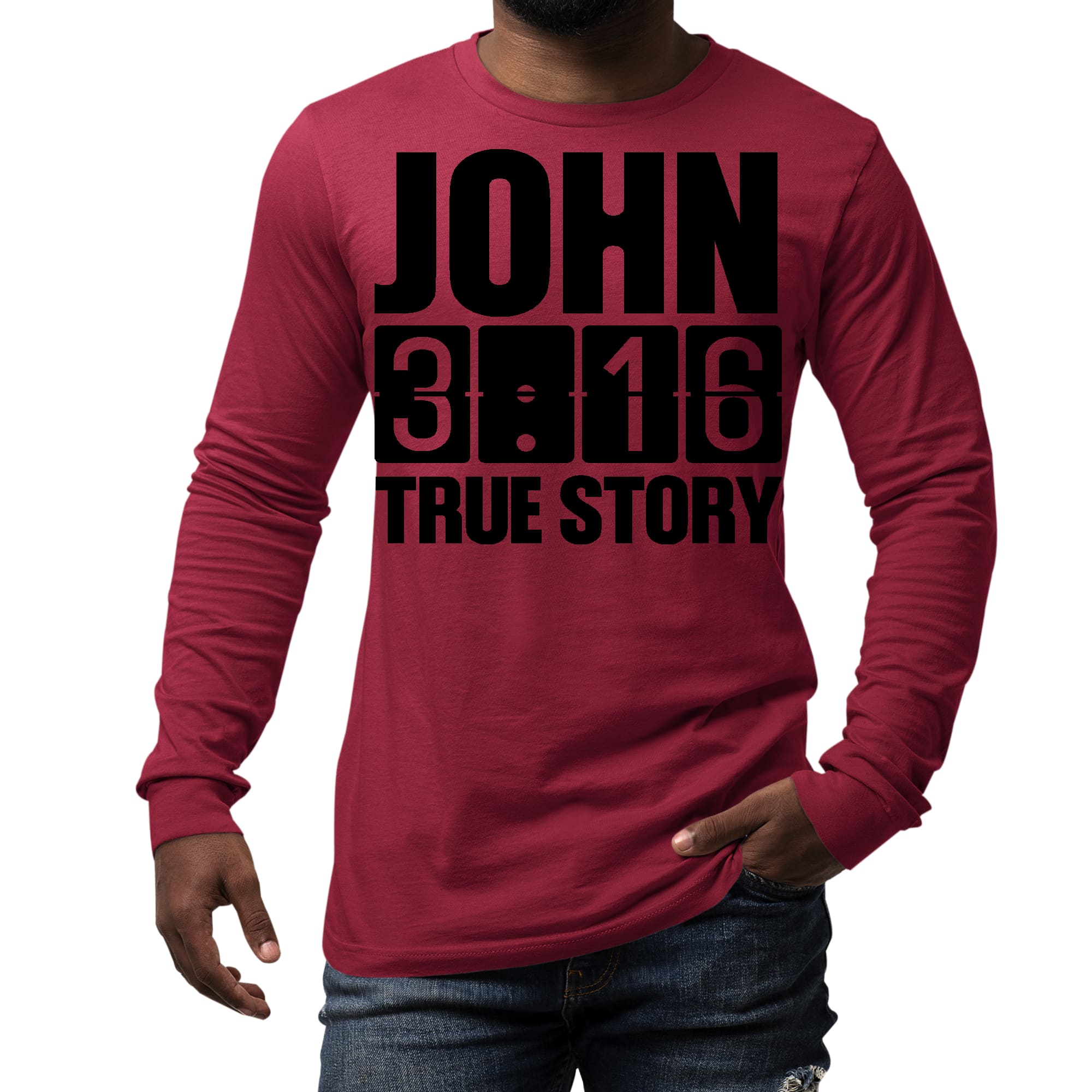 Men's Long Sleeve Graphic T-shirt in black featuring John 3:16 True Story print, made from soft preshrunk cotton.