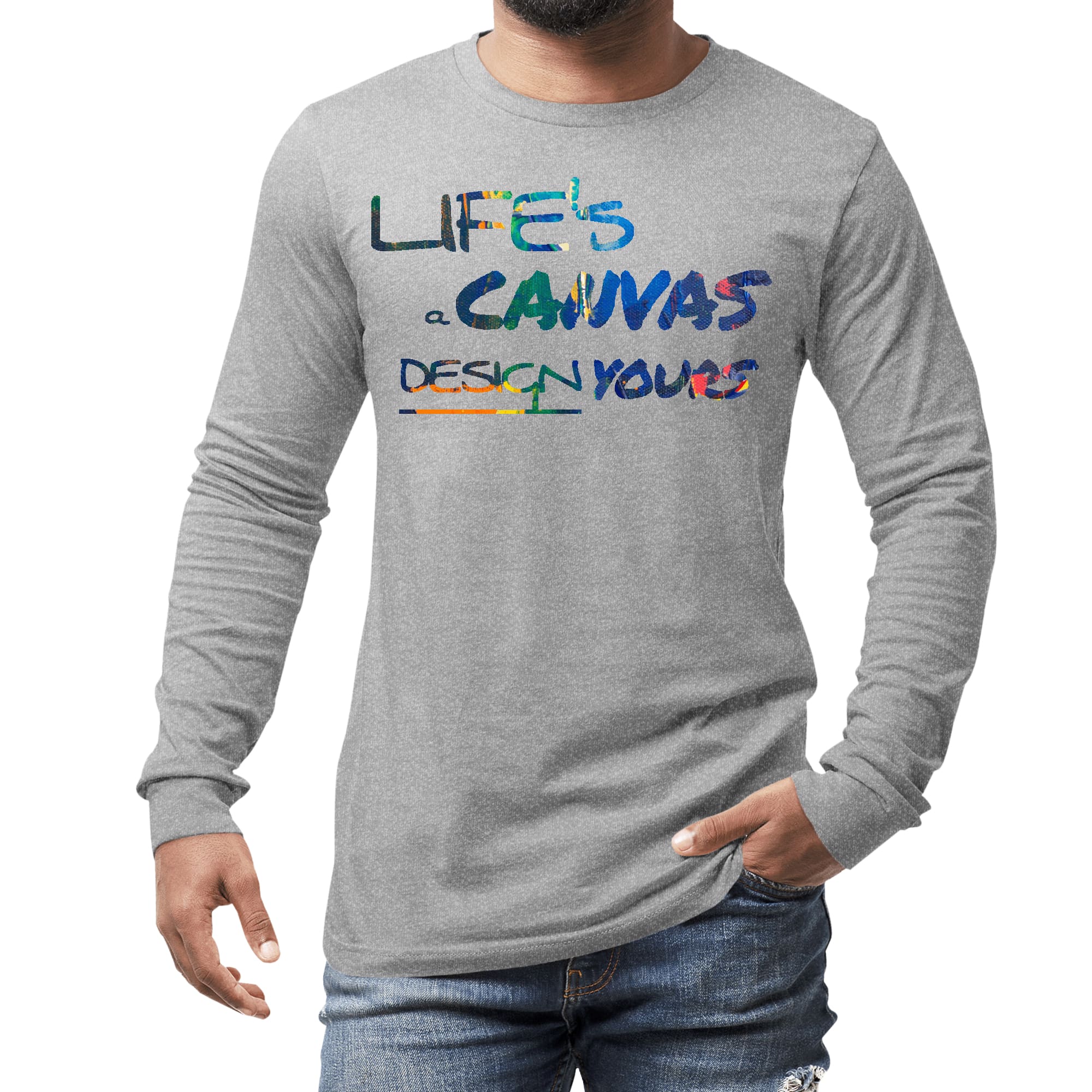 Men's Long Sleeve Graphic T-shirt featuring a colorful 'Life's a Canvas' design, made from soft preshrunk cotton.