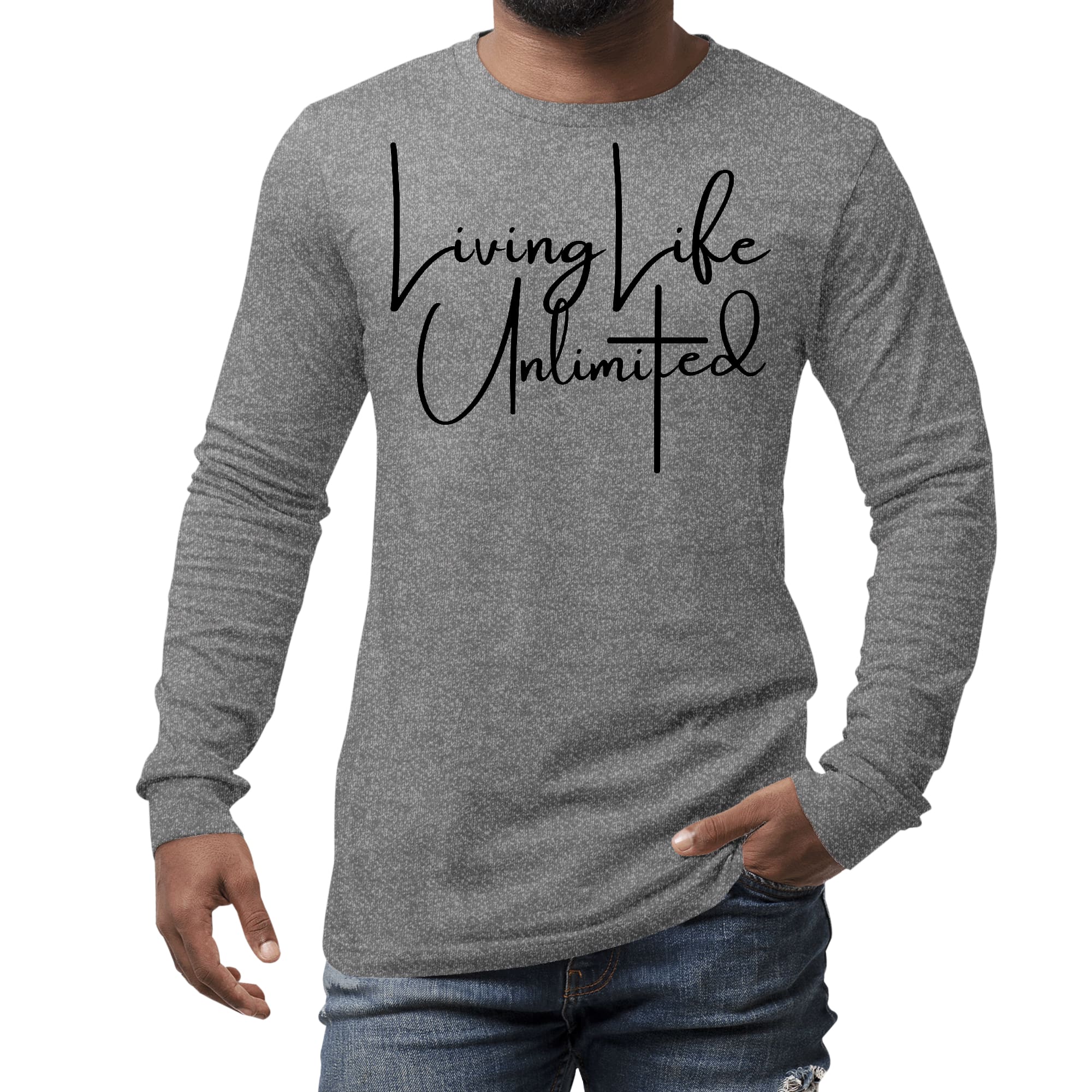 Men's Long Sleeve Graphic T-shirt in black featuring 'Living Life Unlimited' inspirational design, made from soft preshrunk cotton.