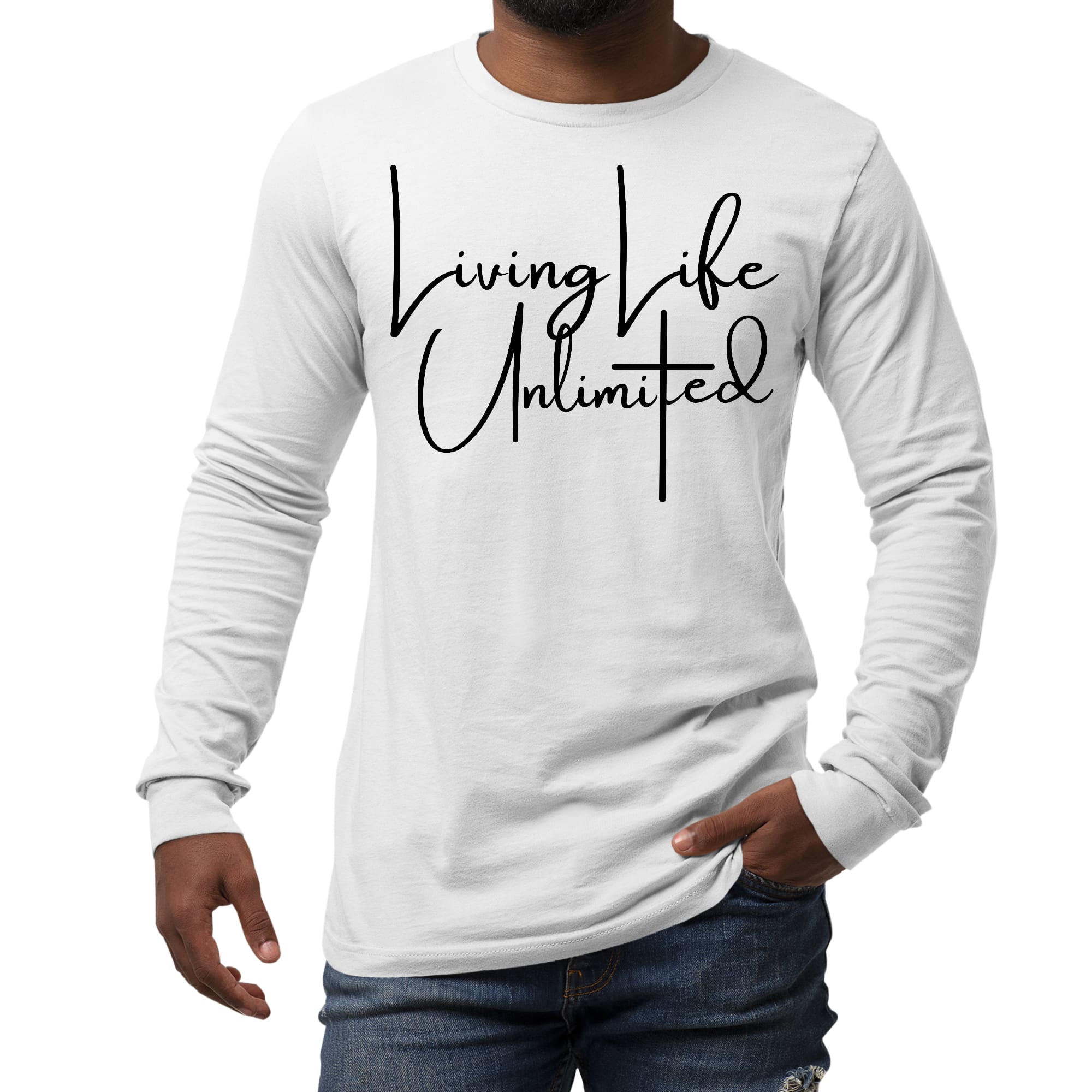 Men's Long Sleeve Graphic T-shirt in black featuring 'Living Life Unlimited' inspirational design, made from soft preshrunk cotton.