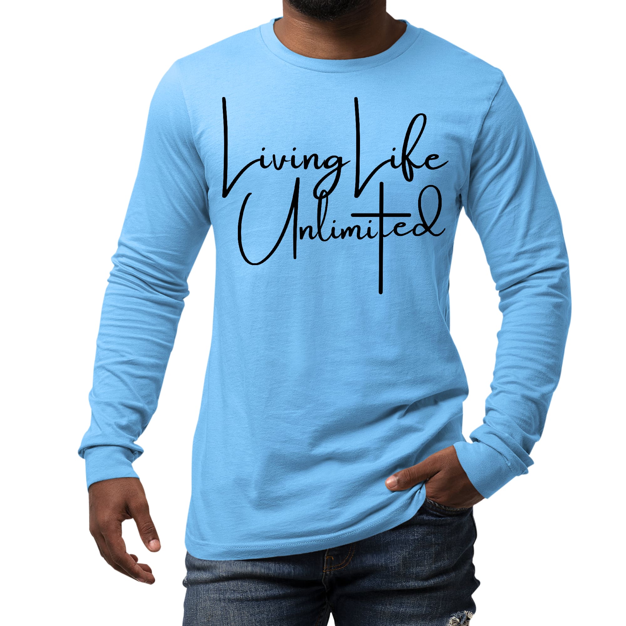 Men's Long Sleeve Graphic T-shirt in black featuring 'Living Life Unlimited' inspirational design, made from soft preshrunk cotton.