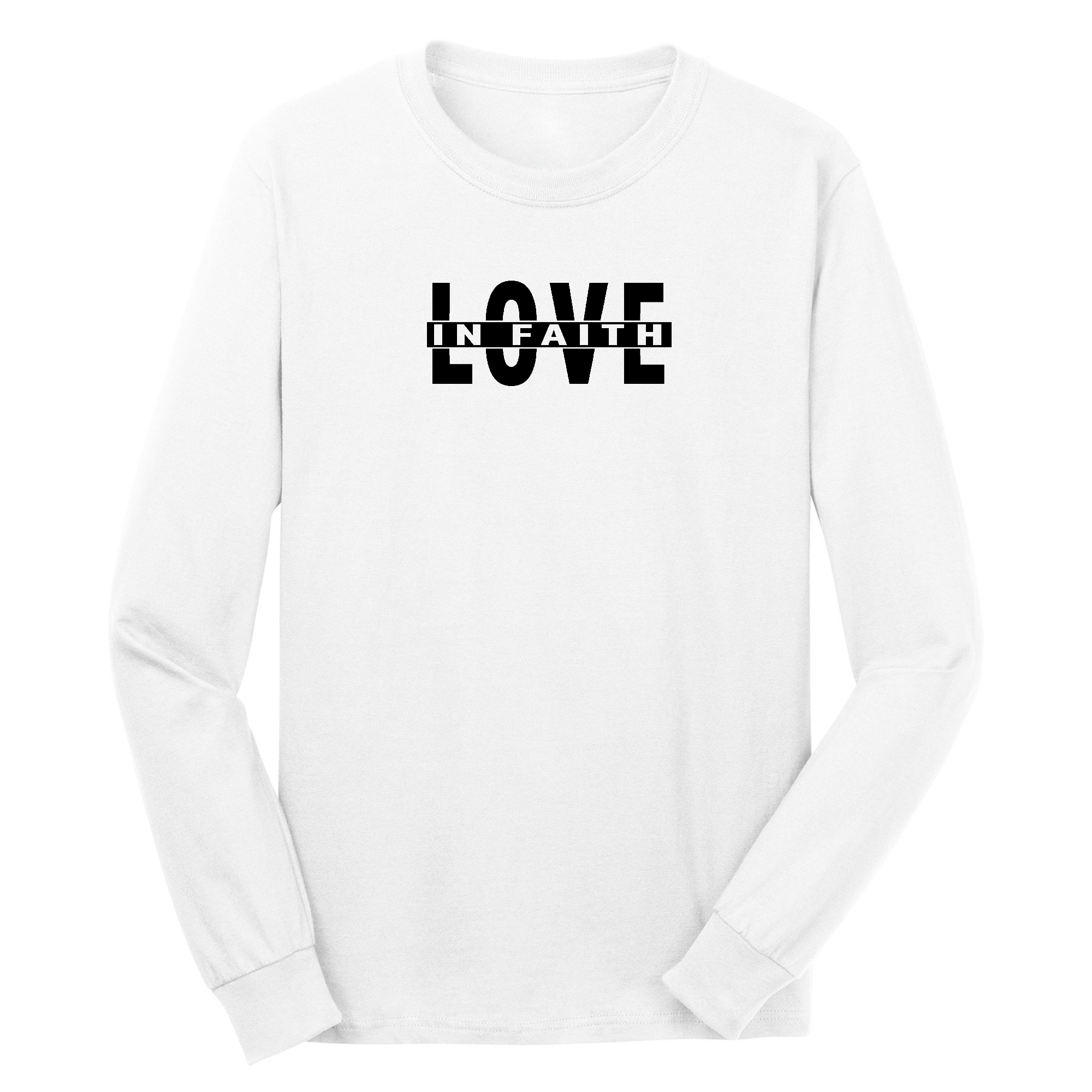 Men's long sleeve graphic t-shirt featuring a Love in Faith black illustration, made from soft preshrunk cotton.