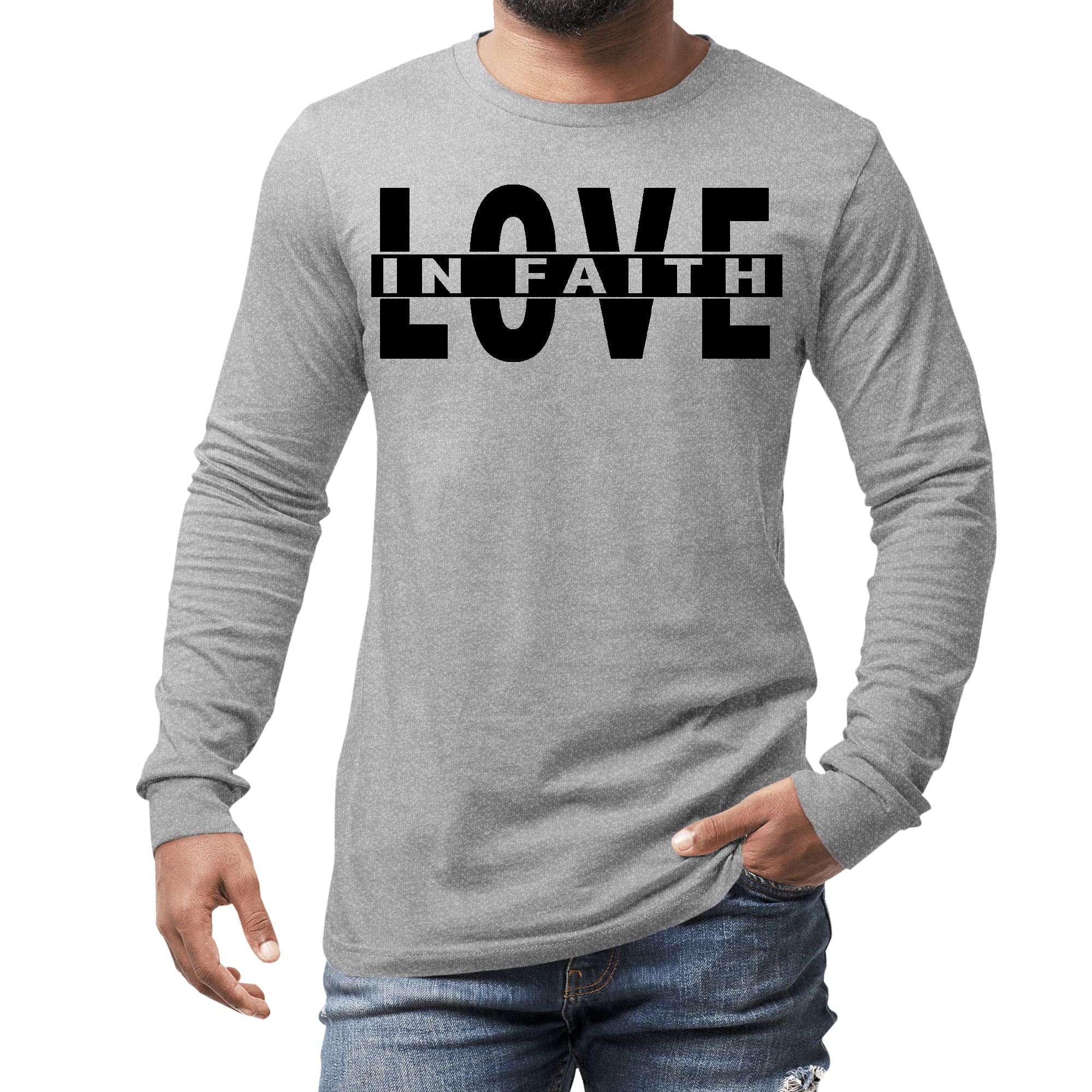 Men's long sleeve graphic t-shirt featuring a Love in Faith black illustration, made from soft preshrunk cotton.