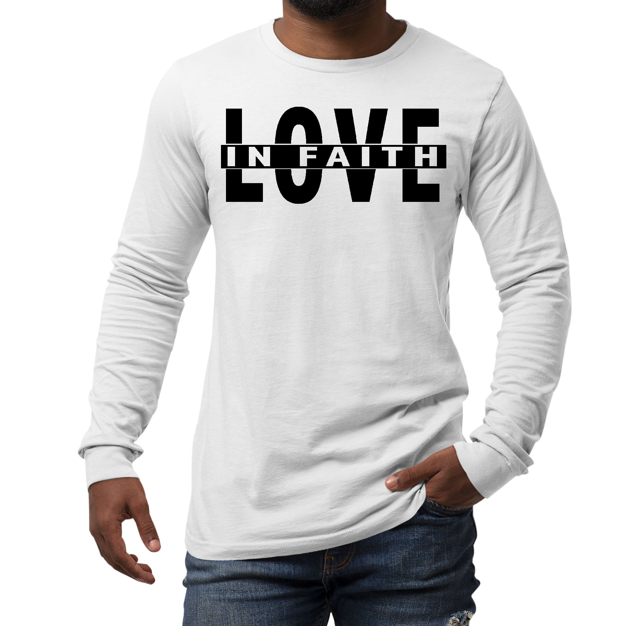 Men's long sleeve graphic t-shirt featuring a Love in Faith black illustration, made from soft preshrunk cotton.