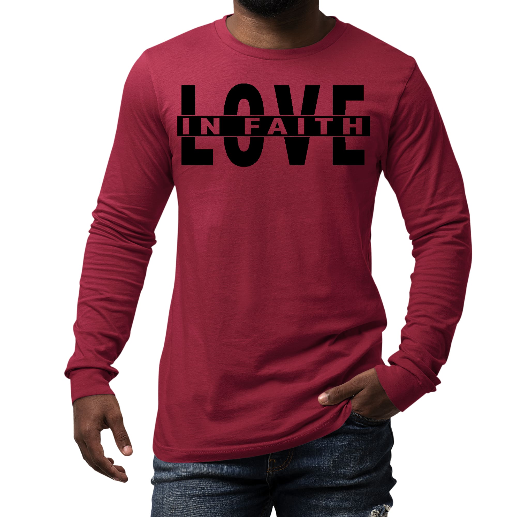 Men's long sleeve graphic t-shirt featuring a Love in Faith black illustration, made from soft preshrunk cotton.