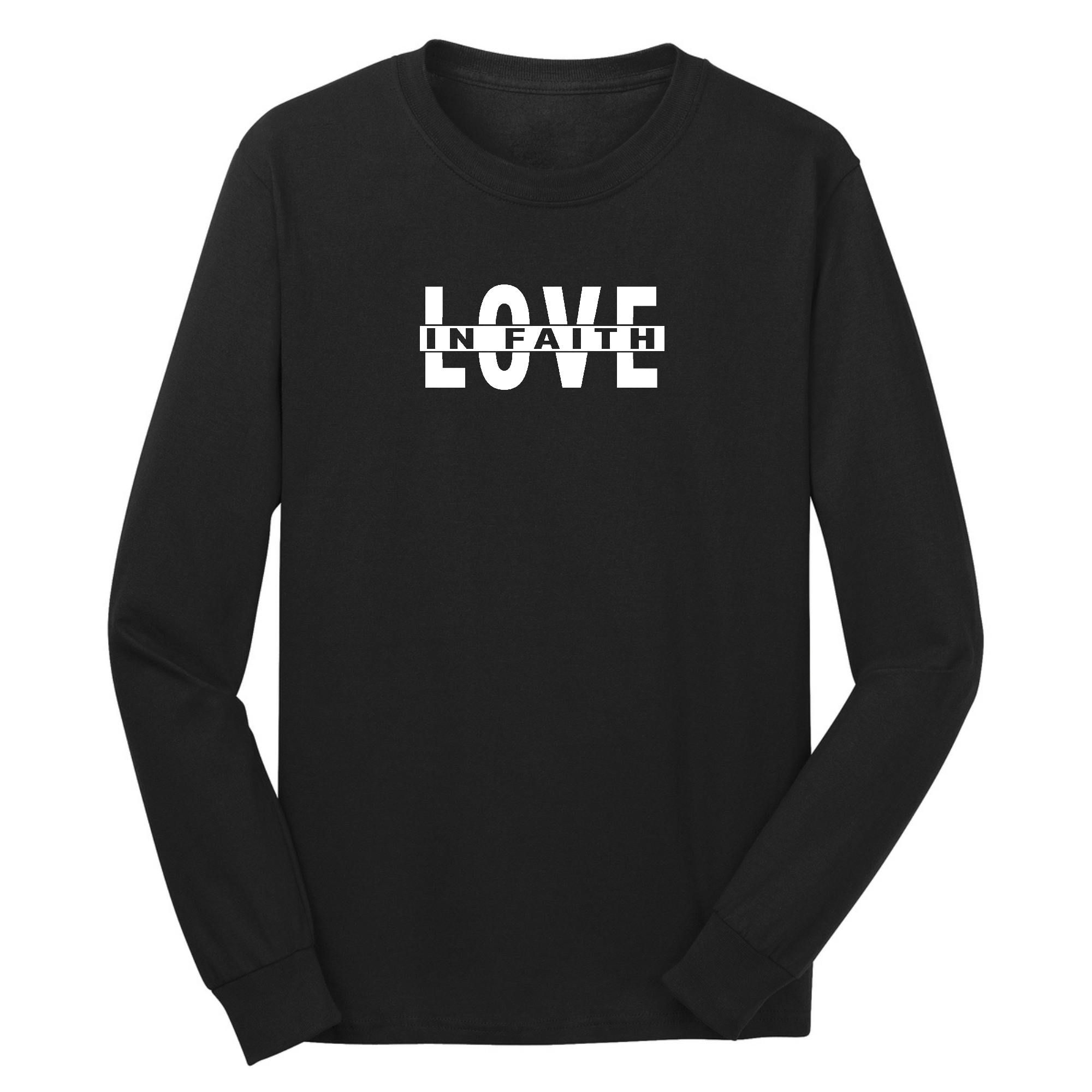 Men's Long Sleeve Graphic T-shirt featuring 'Love in Faith' design, made from soft preshrunk cotton with a classic fit.