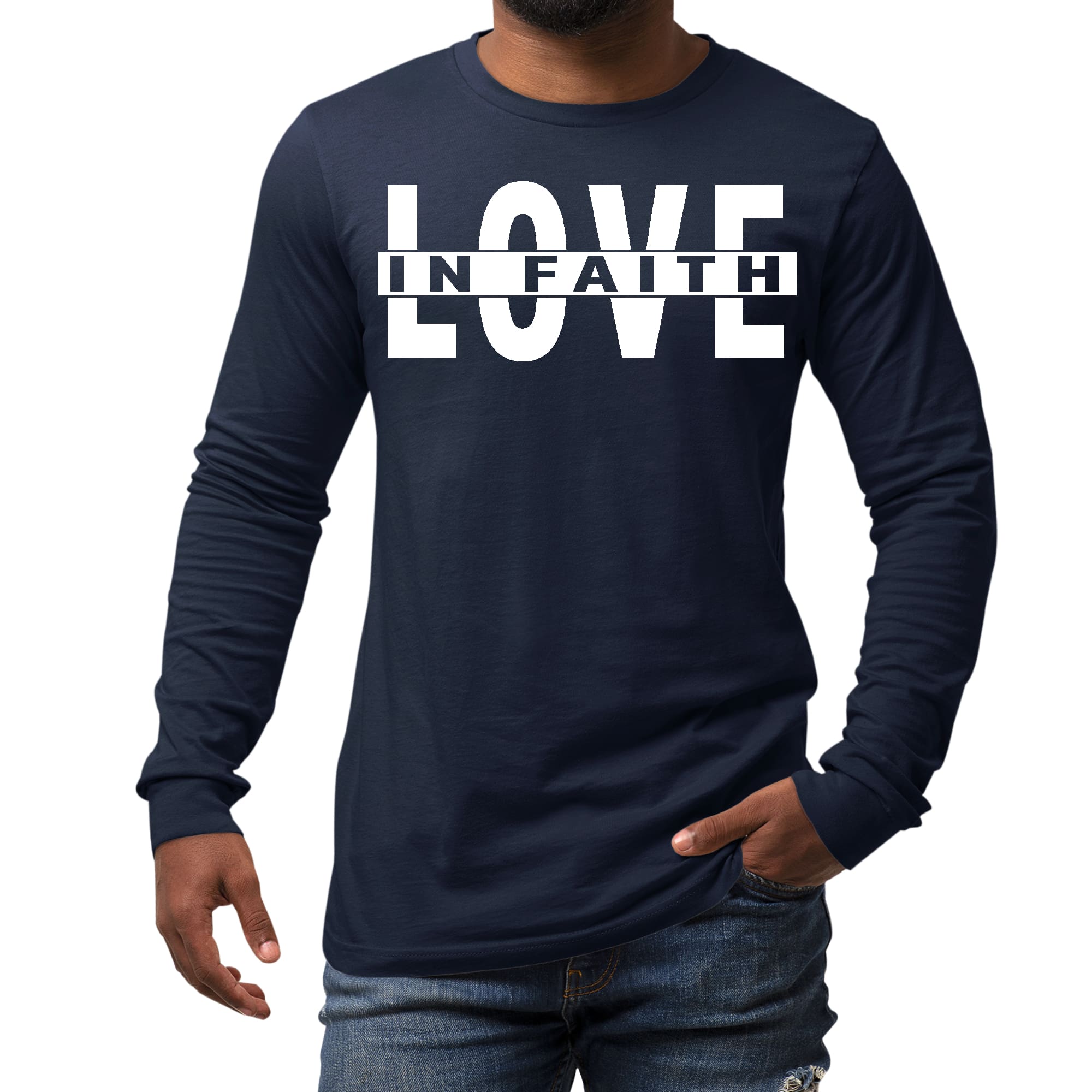 Men's Long Sleeve Graphic T-shirt featuring 'Love in Faith' design, made from soft preshrunk cotton with a classic fit.