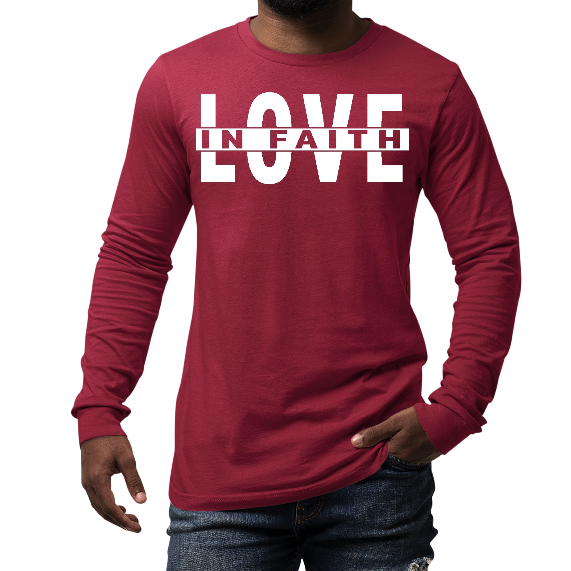 Men's Long Sleeve Graphic T-shirt featuring 'Love in Faith' design, made from soft preshrunk cotton with a classic fit.