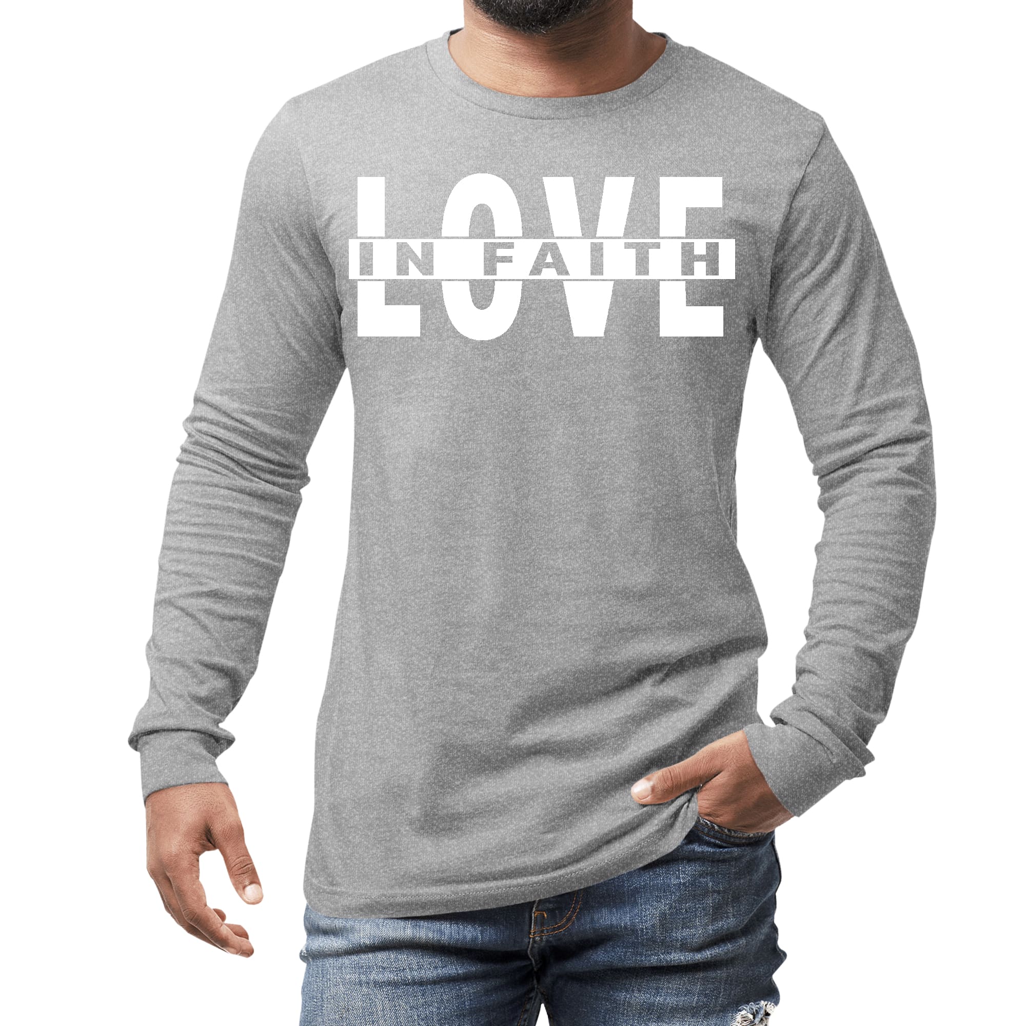 Men's Long Sleeve Graphic T-shirt featuring 'Love in Faith' design, made from soft preshrunk cotton with a classic fit.