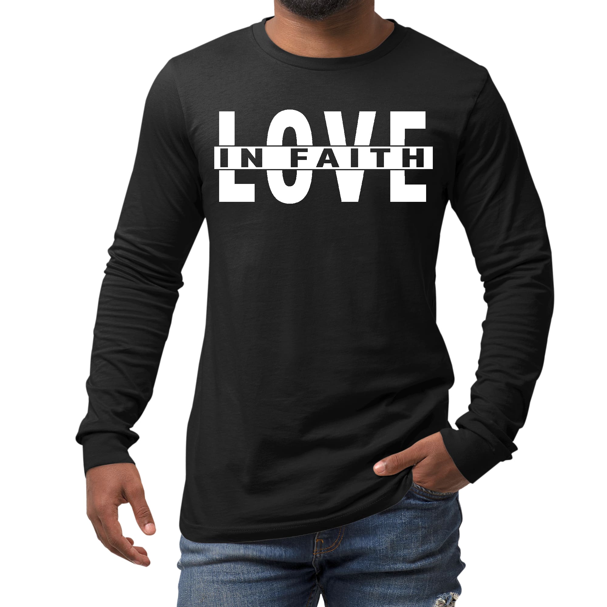 Men's Long Sleeve Graphic T-shirt featuring 'Love in Faith' design, made from soft preshrunk cotton with a classic fit.