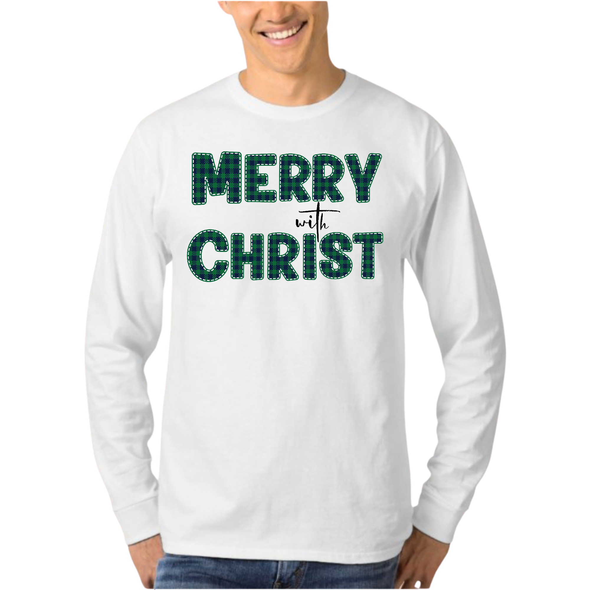 Men's Long Sleeve Graphic T-shirt in Green Plaid with Merry with Christ design, showcasing a comfortable and stylish fit.