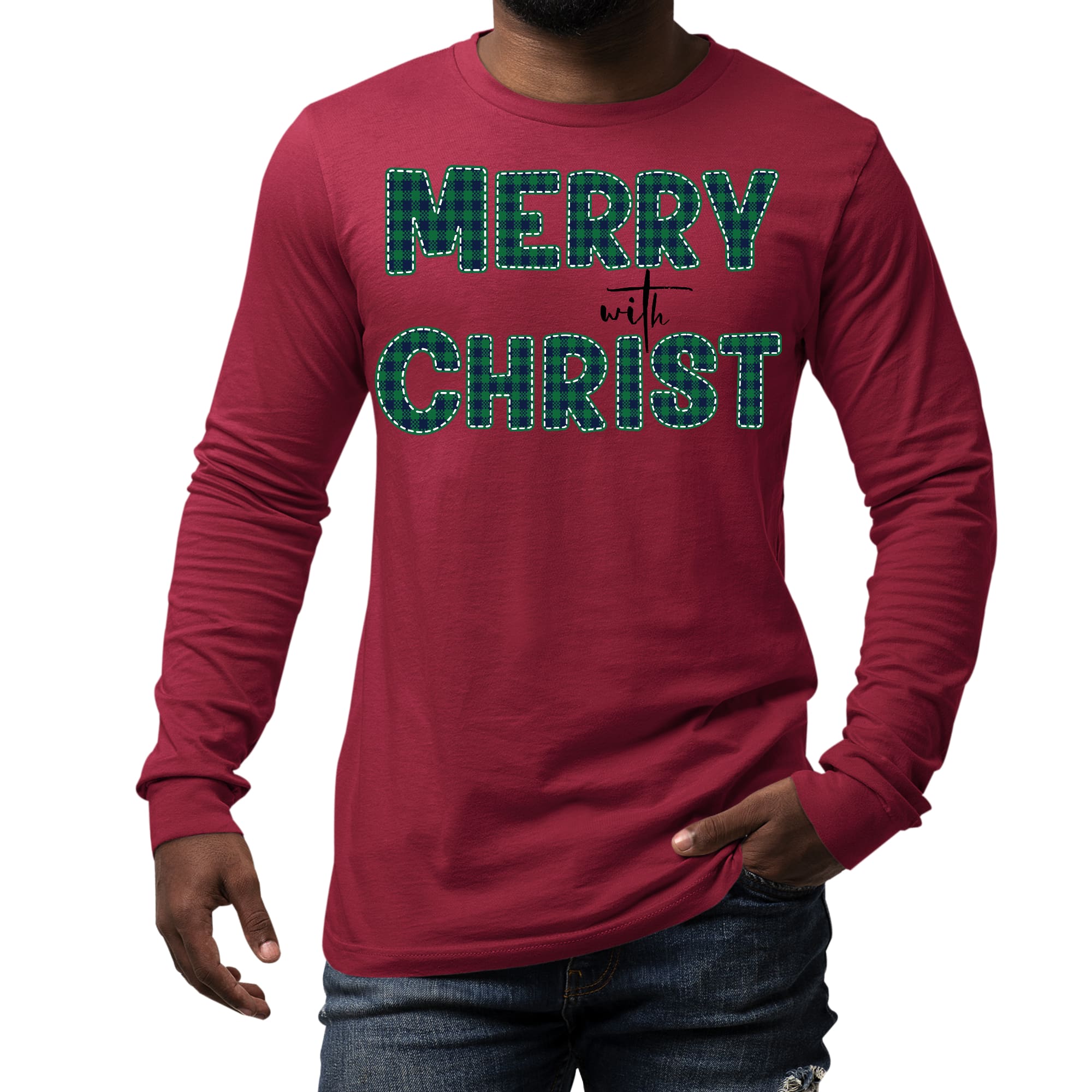 Men's Long Sleeve Graphic T-shirt in Green Plaid with Merry with Christ design, showcasing a comfortable and stylish fit.