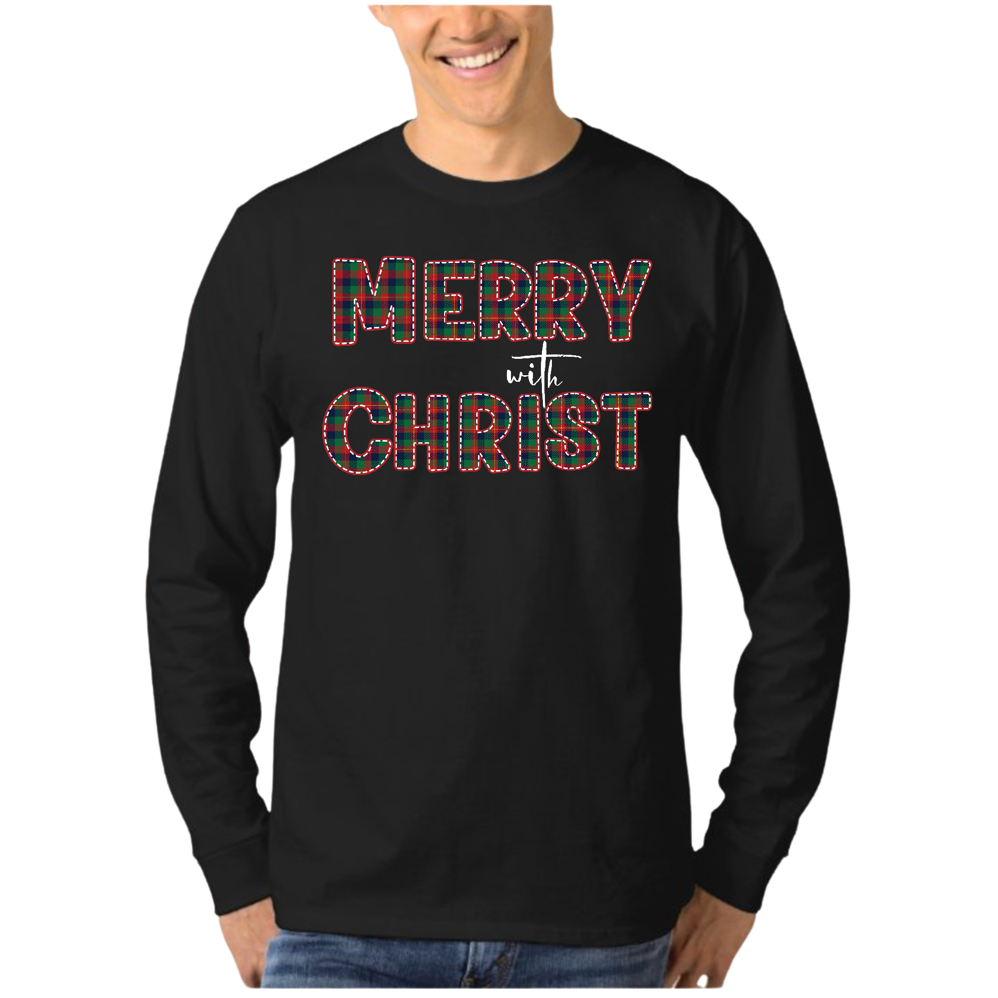 Men's long sleeve graphic t-shirt in red and green with Merry with Christ design, showcasing a festive holiday theme.