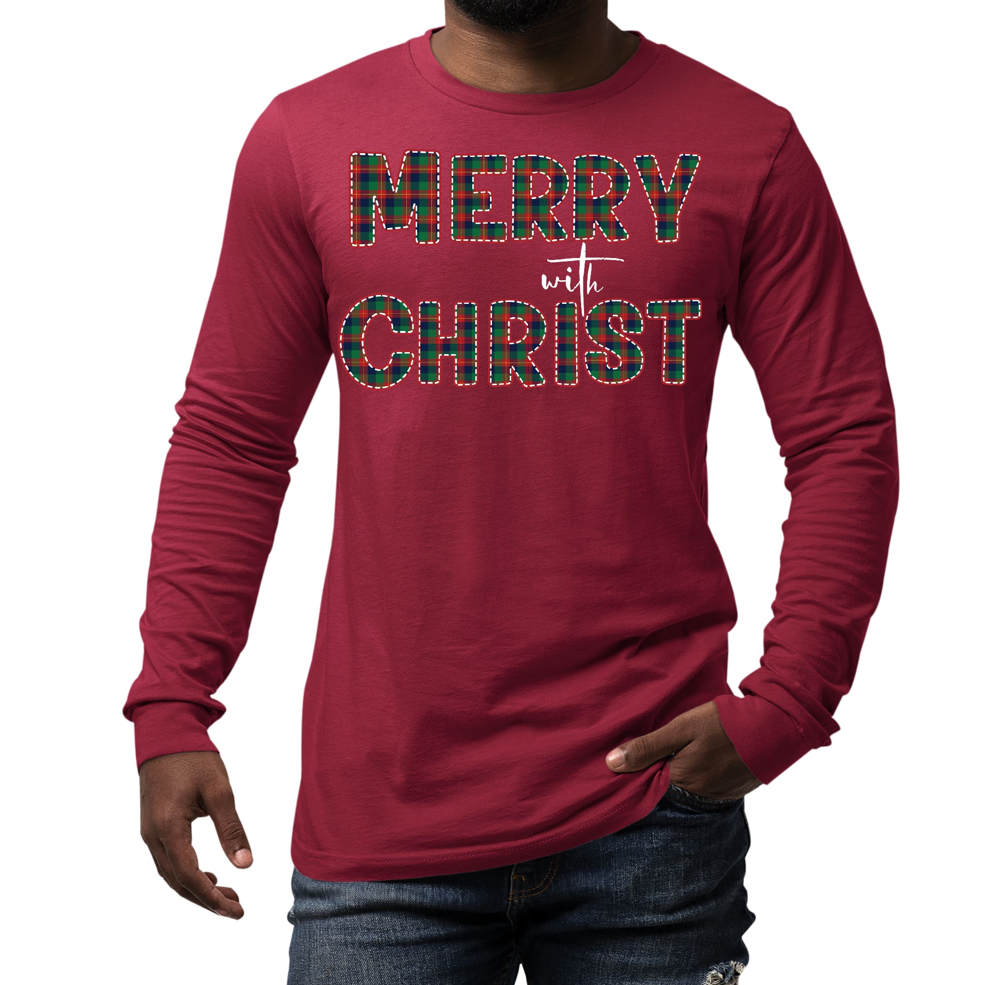 Men's long sleeve graphic t-shirt in red and green with Merry with Christ design, showcasing a festive holiday theme.