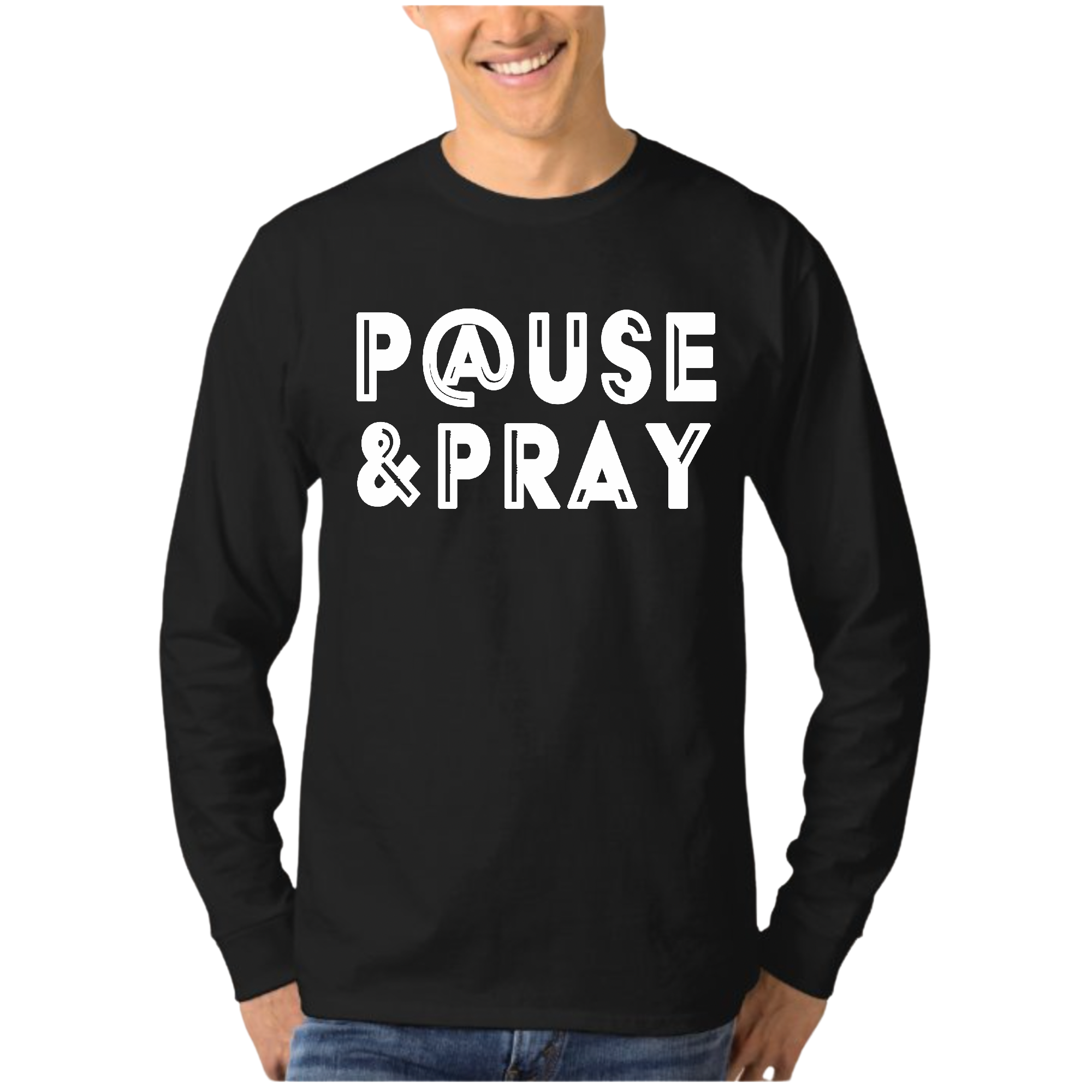 Men's Long Sleeve Graphic T-shirt with 'Pause and Pray' design, showcasing soft cotton fabric and double-stitched seams.