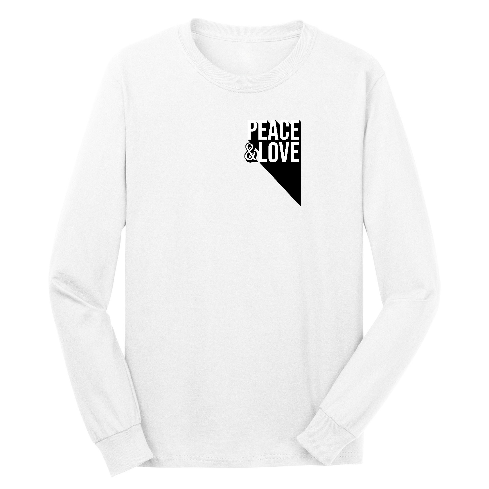 Men's long sleeve graphic t-shirt featuring a colorful Peace and Love print, made from soft preshrunk cotton.