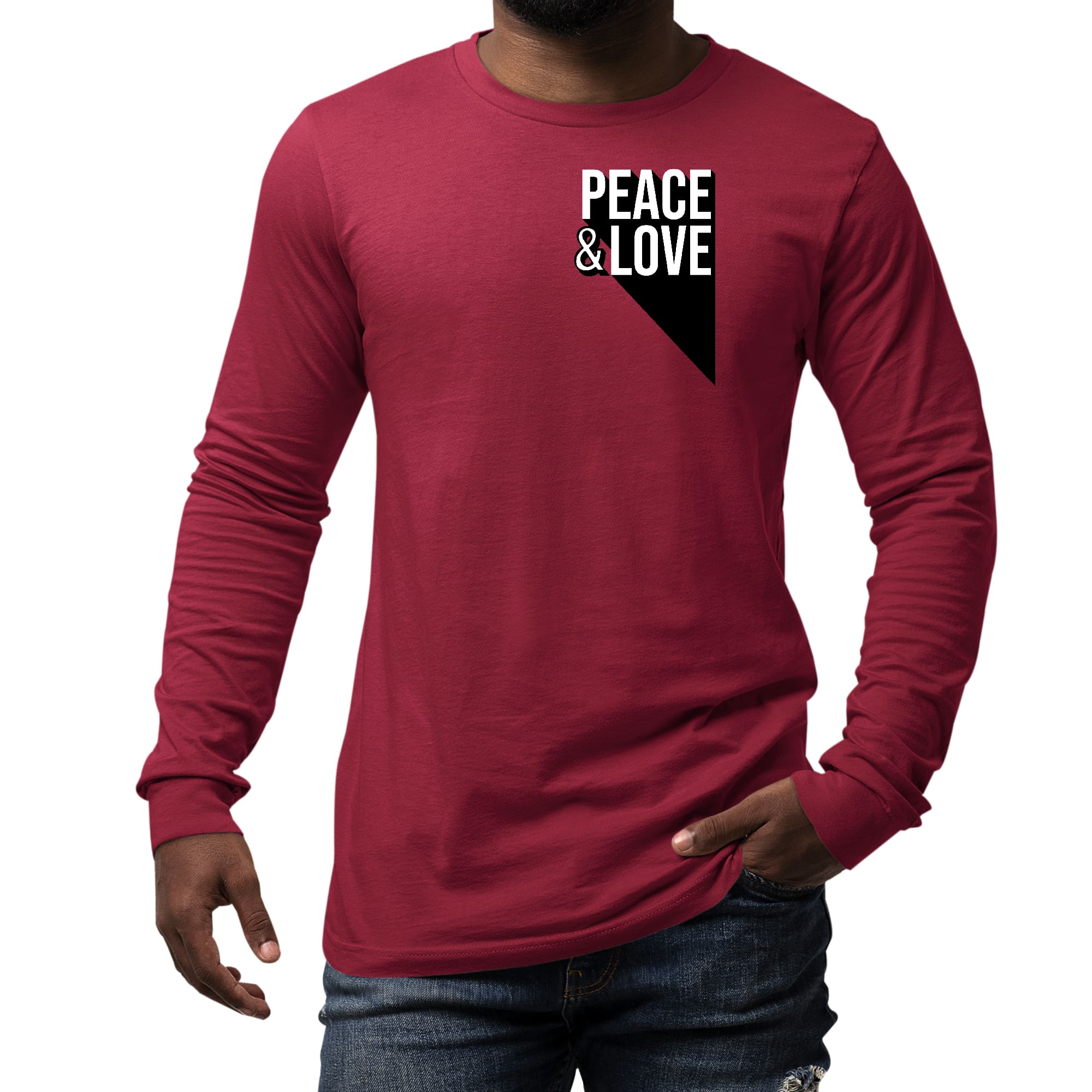 Men's long sleeve graphic t-shirt featuring a colorful Peace and Love print, made from soft preshrunk cotton.