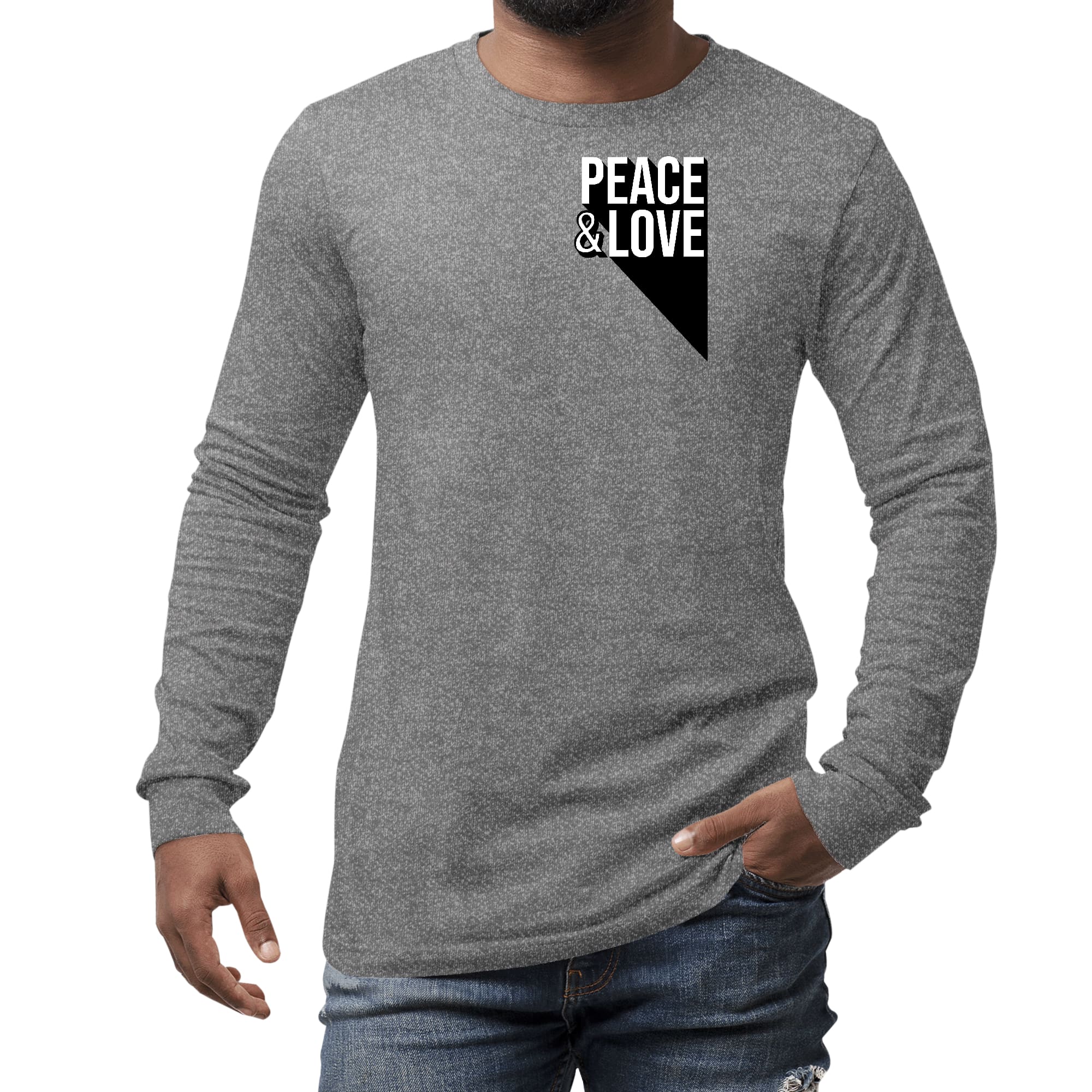 Men's long sleeve graphic t-shirt featuring a colorful Peace and Love print, made from soft preshrunk cotton.