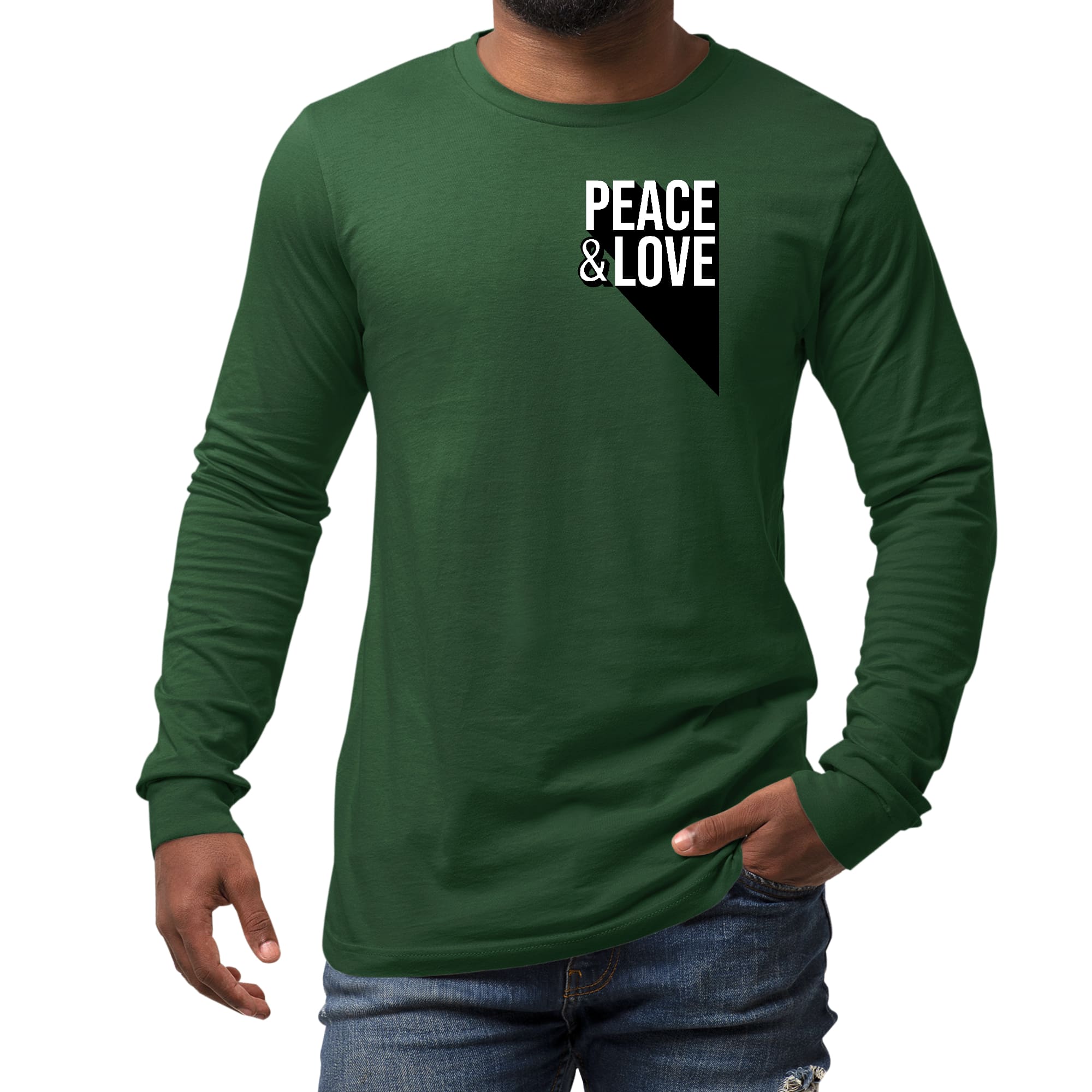 Men's long sleeve graphic t-shirt featuring a colorful Peace and Love print, made from soft preshrunk cotton.