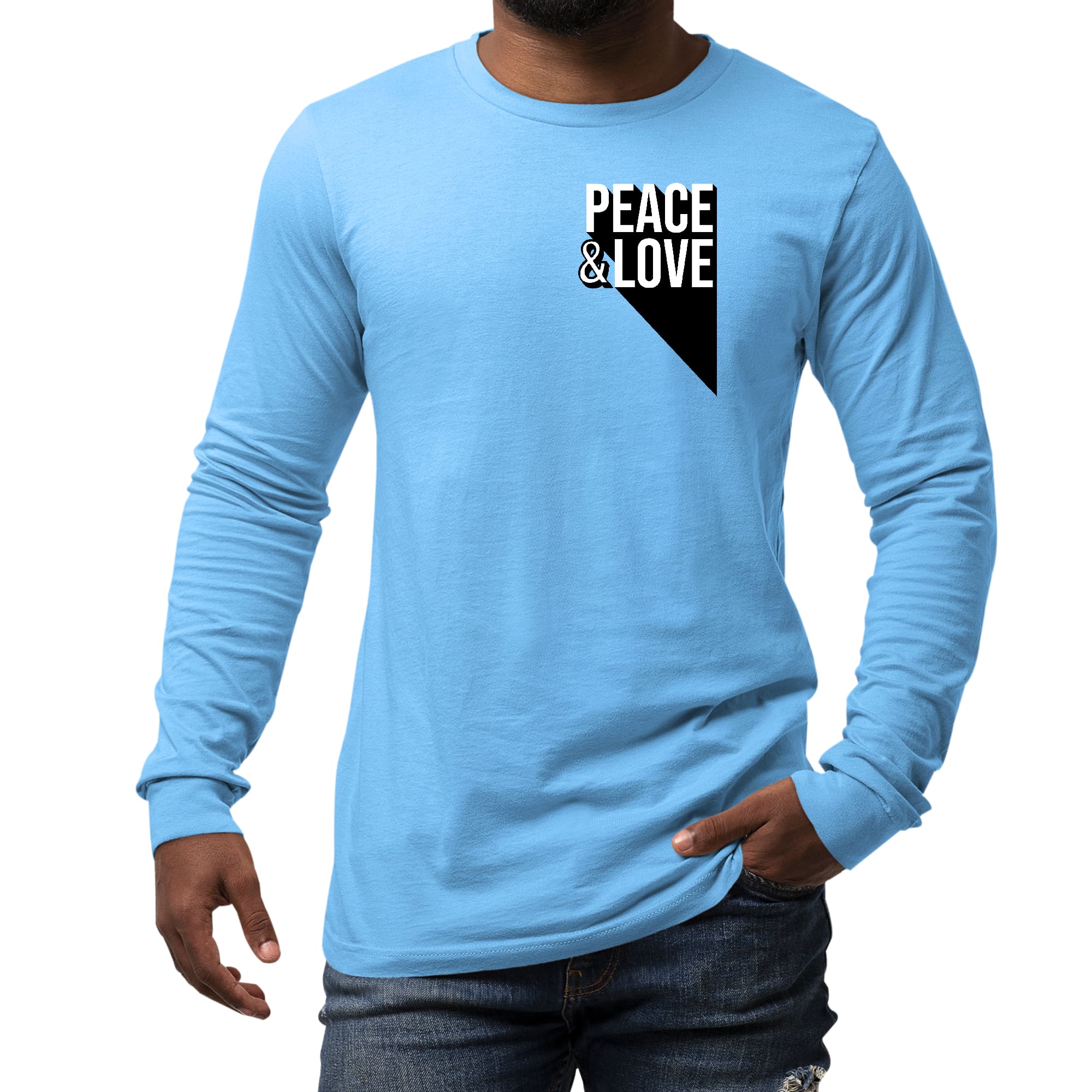 Men's long sleeve graphic t-shirt featuring a colorful Peace and Love print, made from soft preshrunk cotton.