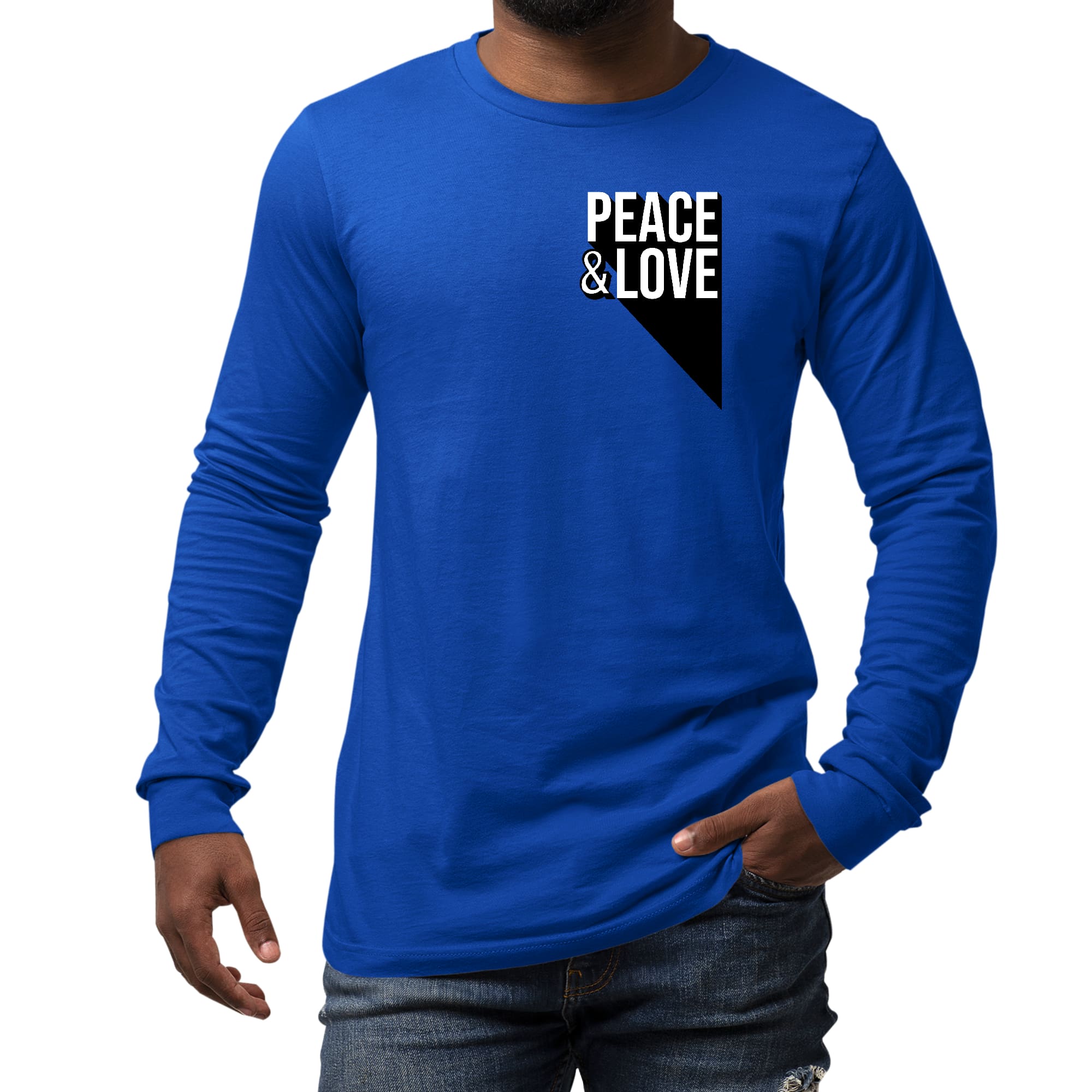 Men's long sleeve graphic t-shirt featuring a colorful Peace and Love print, made from soft preshrunk cotton.