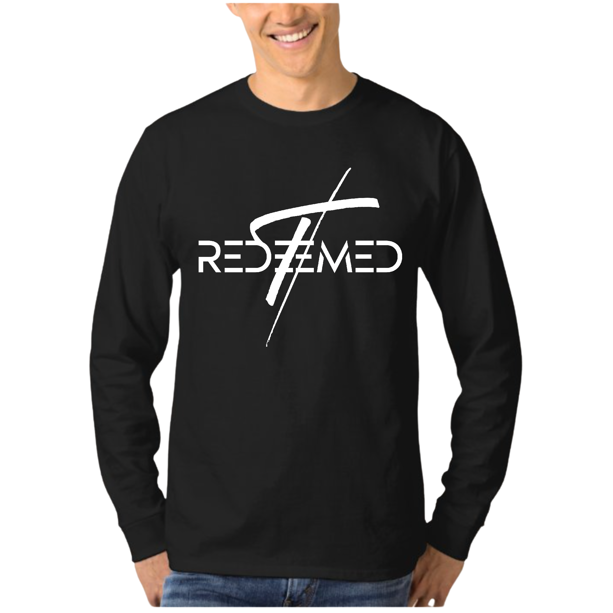 Men's Long Sleeve Graphic T-shirt featuring a Redeemed Cross design, made from soft preshrunk cotton for comfort and durability.