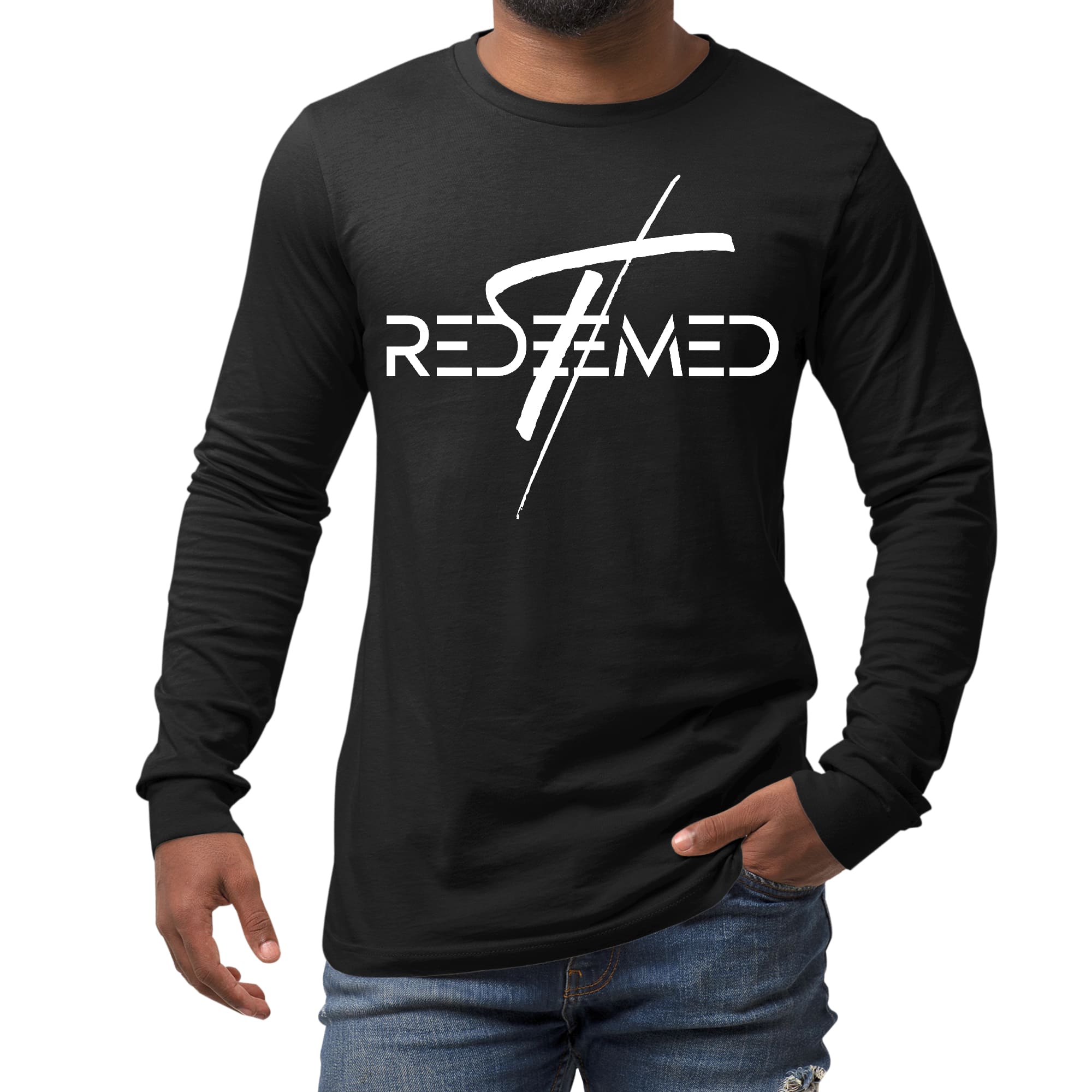 Men's Long Sleeve Graphic T-shirt featuring a Redeemed Cross design, made from soft preshrunk cotton for comfort and durability.