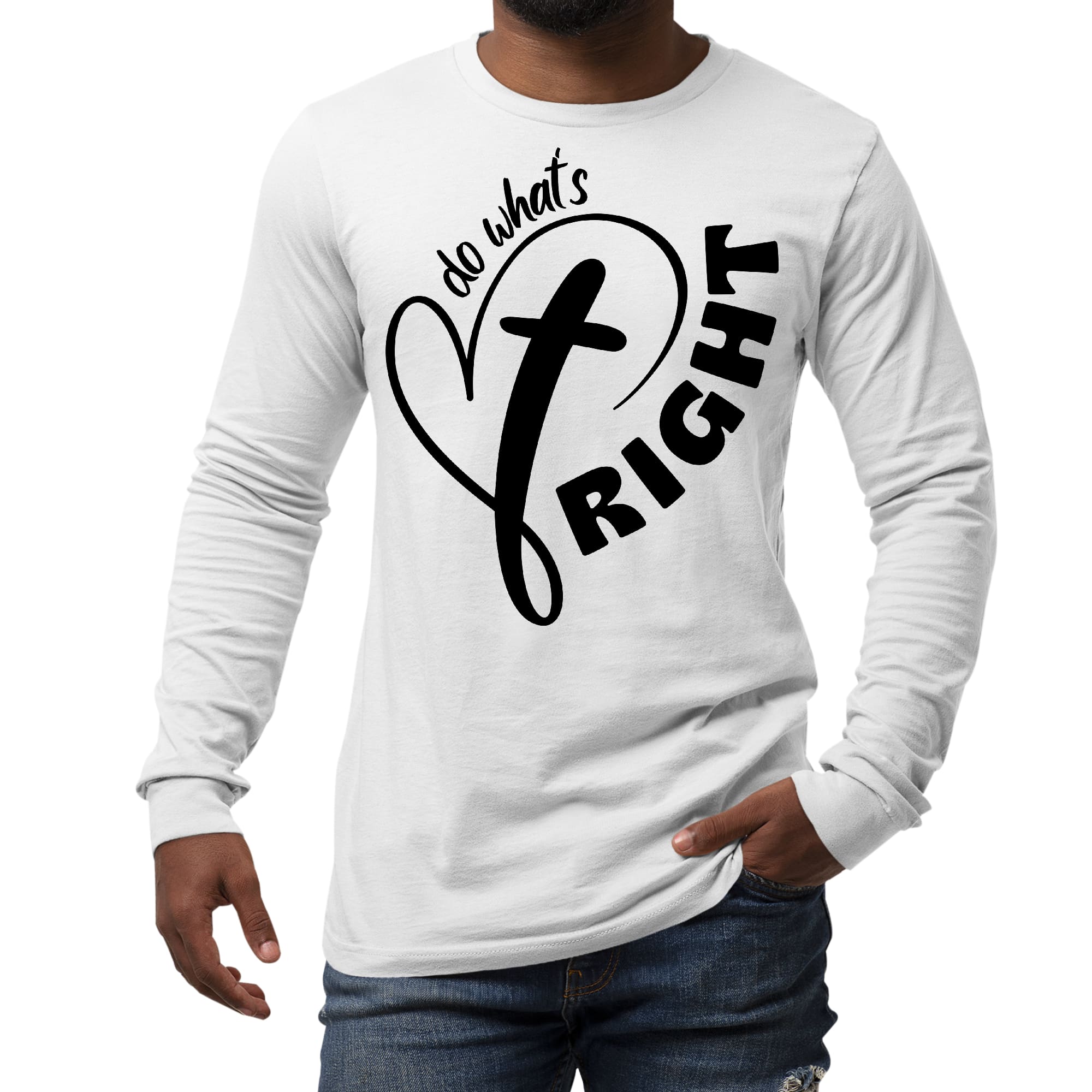 Mens Long Sleeve Graphic T-shirt in black featuring the phrase 'do What's Right' in a stylish graphic design.