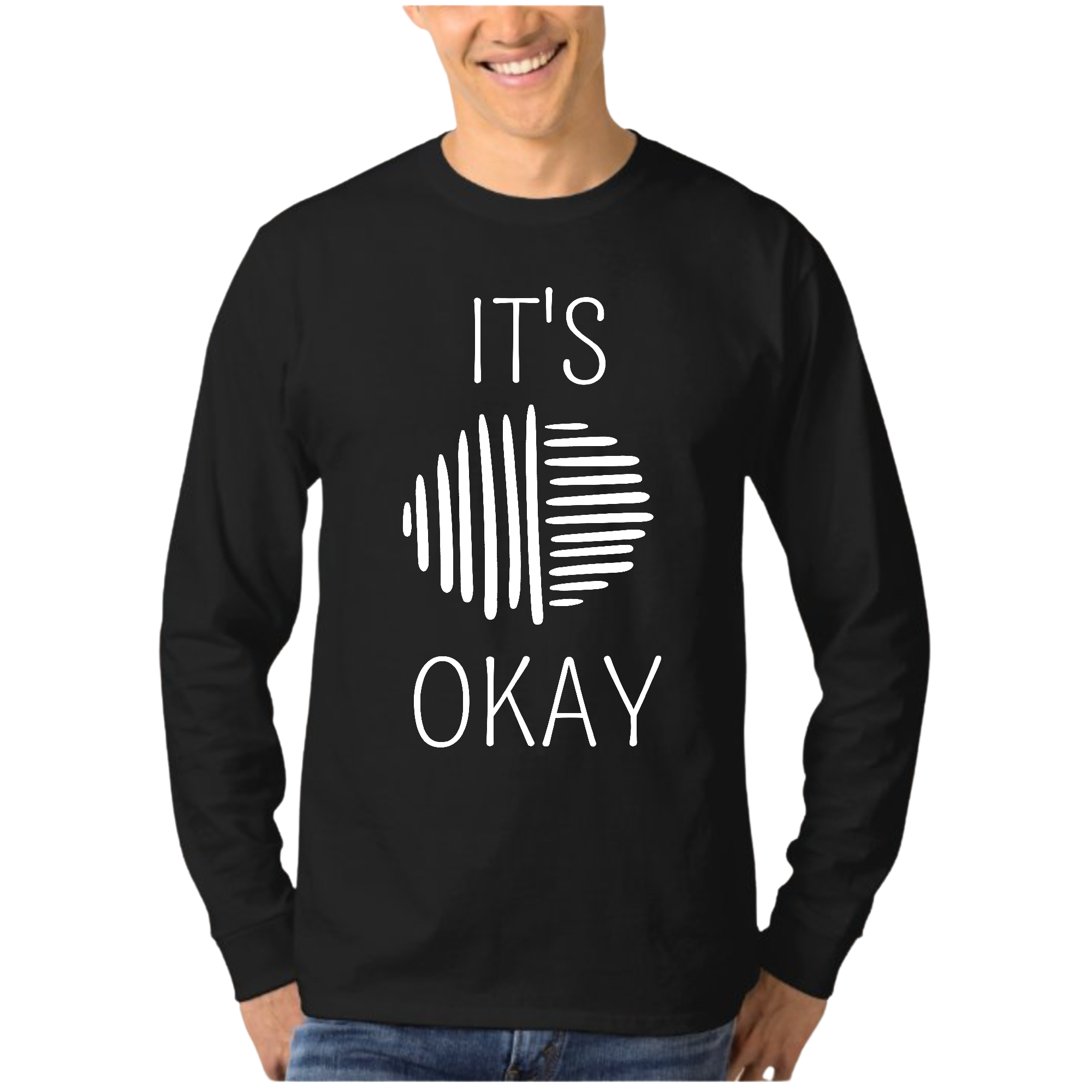 Men's Long Sleeve Graphic T-shirt in white featuring the phrase 'Say it Soul, it's Okay' in a stylish design, perfect for casual wear.