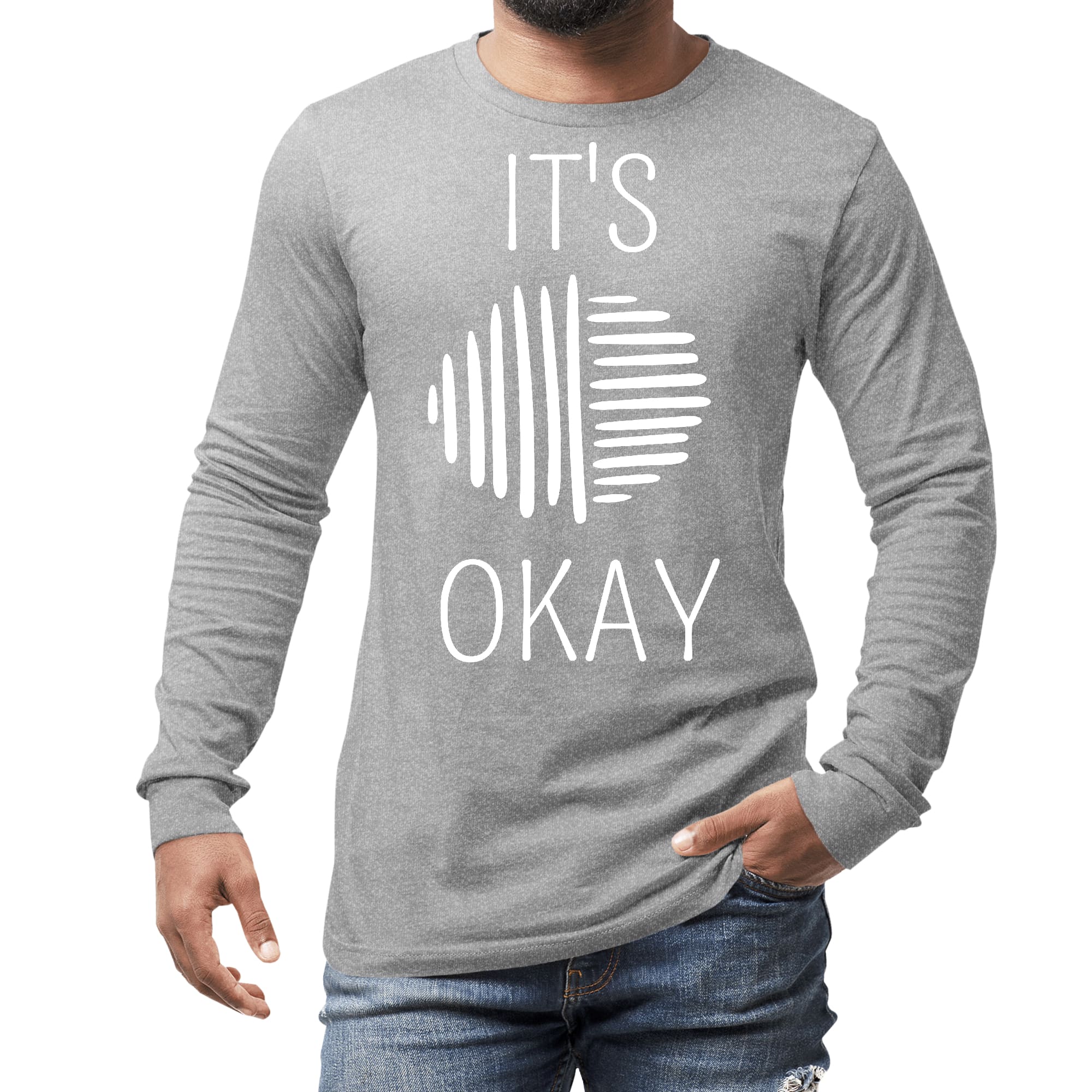 Men's Long Sleeve Graphic T-shirt in white featuring the phrase 'Say it Soul, it's Okay' in a stylish design, perfect for casual wear.