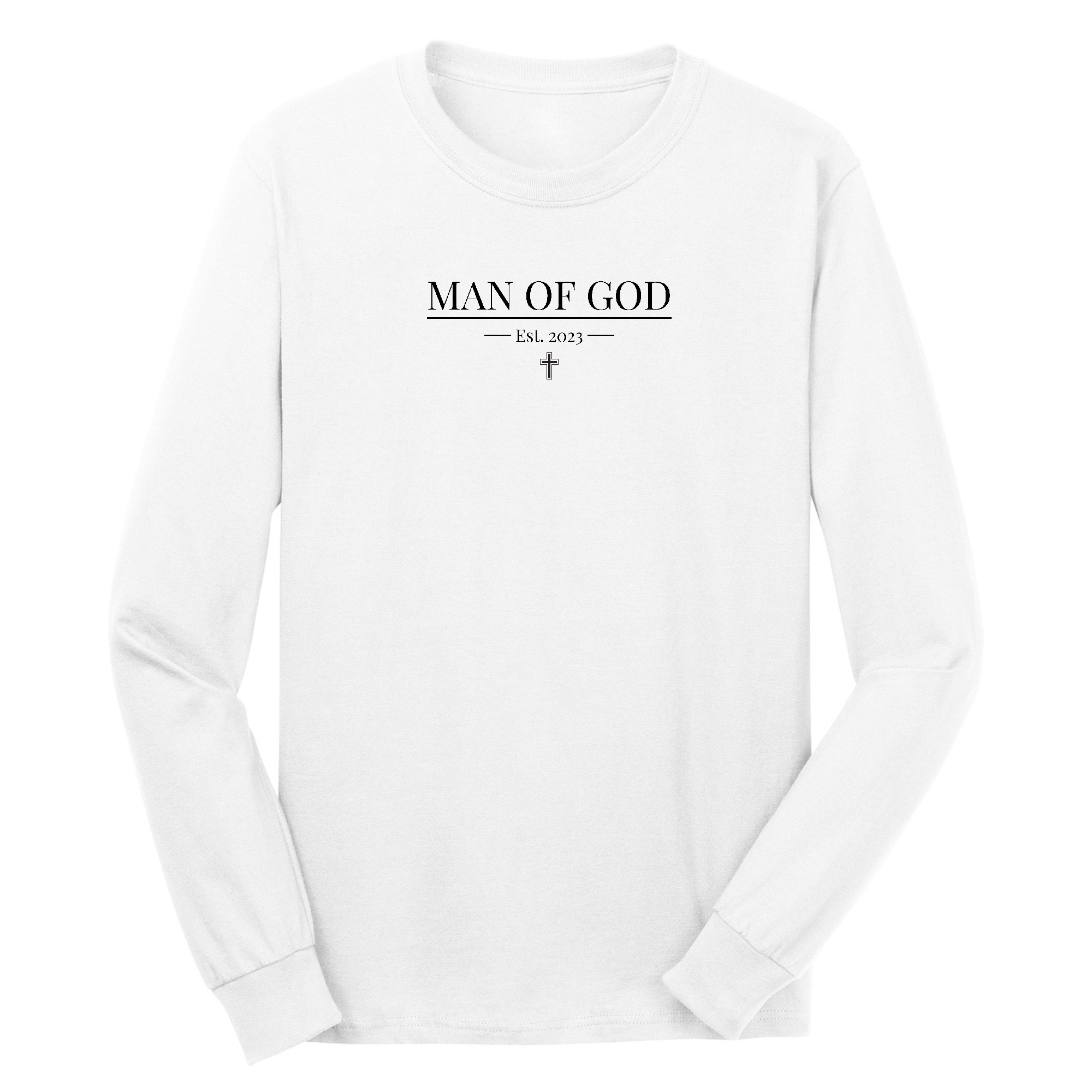 Men's Long Sleeve Graphic T-shirt featuring a 'Man of God' illustration, made from soft preshrunk cotton.