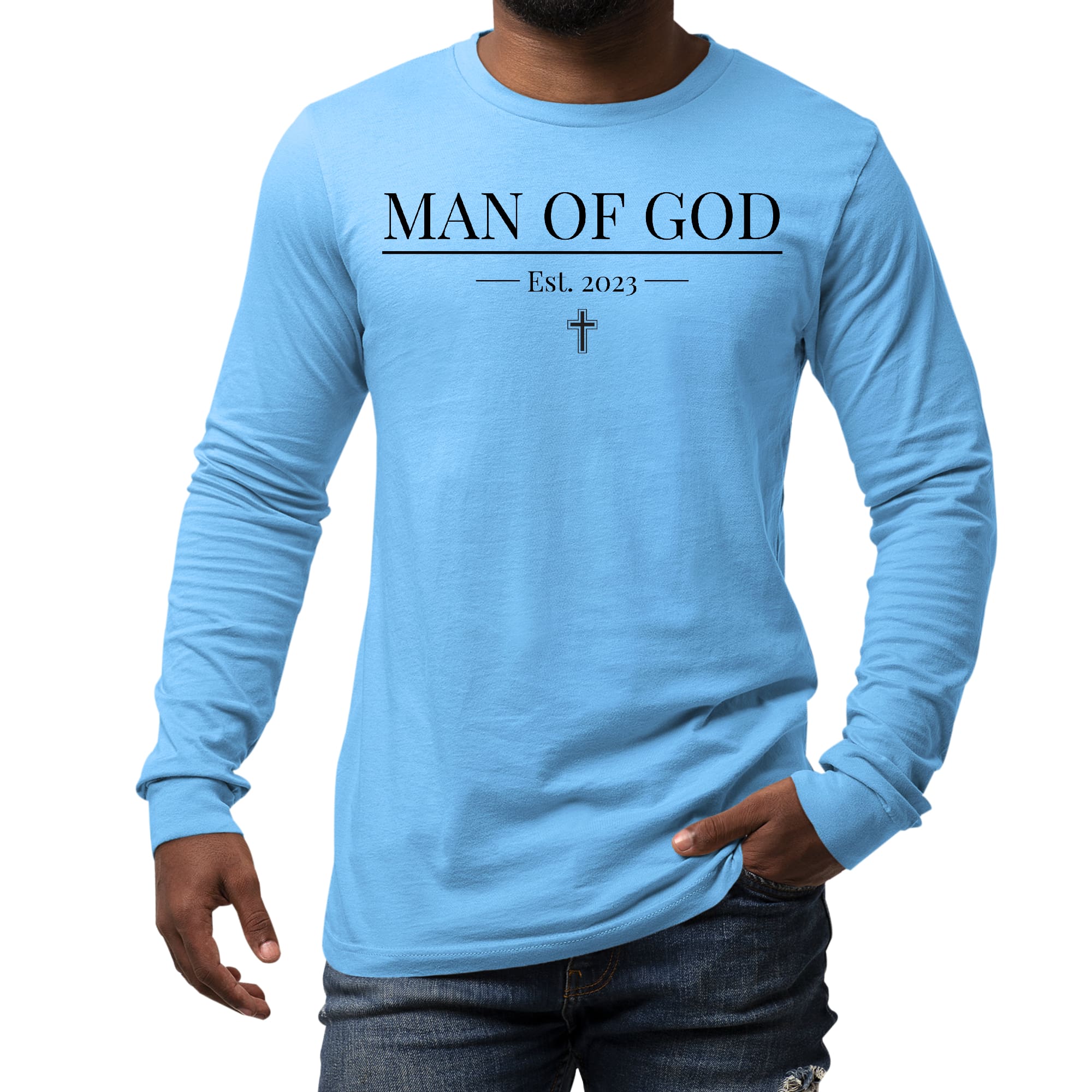 Men's Long Sleeve Graphic T-shirt featuring a 'Man of God' illustration, made from soft preshrunk cotton.