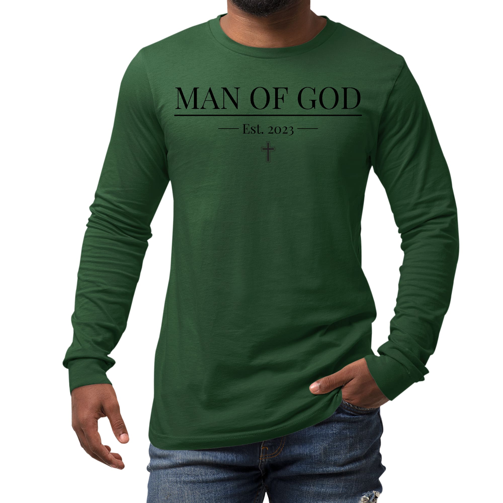 Men's Long Sleeve Graphic T-shirt featuring a 'Man of God' illustration, made from soft preshrunk cotton.