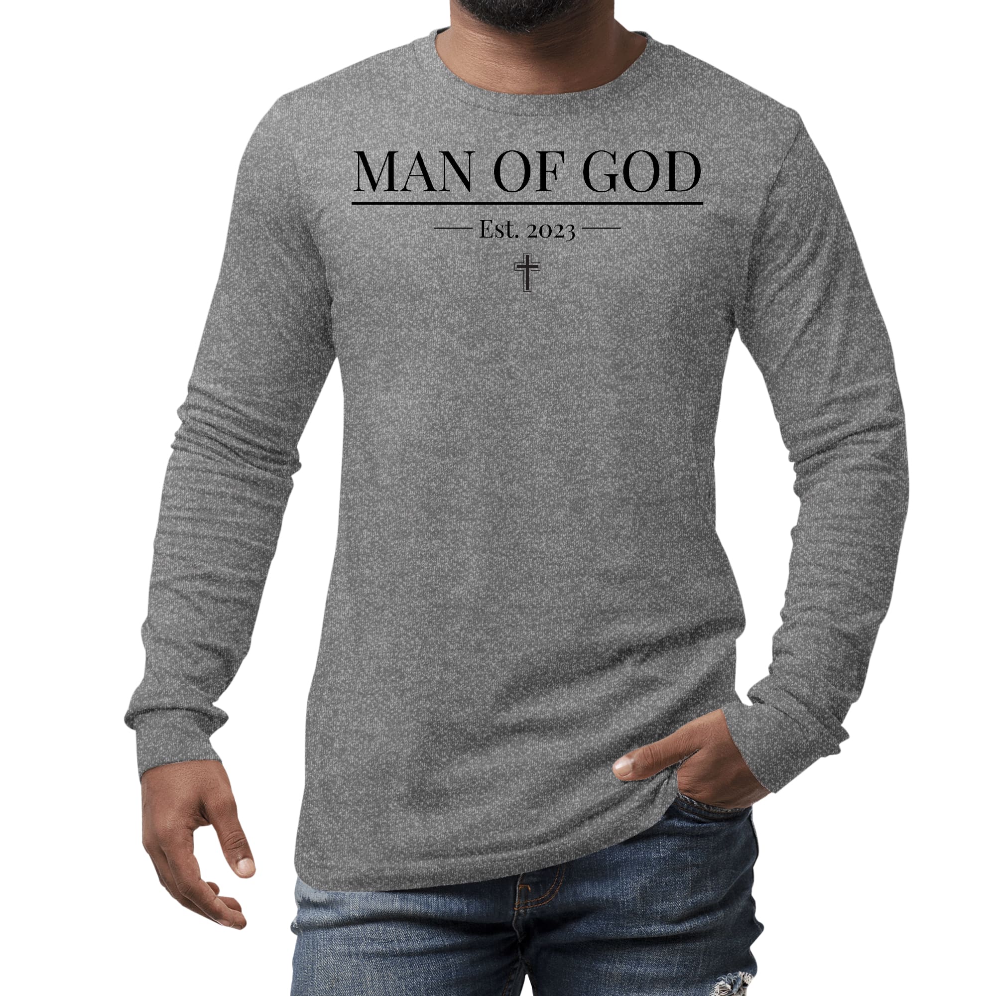 Men's Long Sleeve Graphic T-shirt featuring a 'Man of God' illustration, made from soft preshrunk cotton.