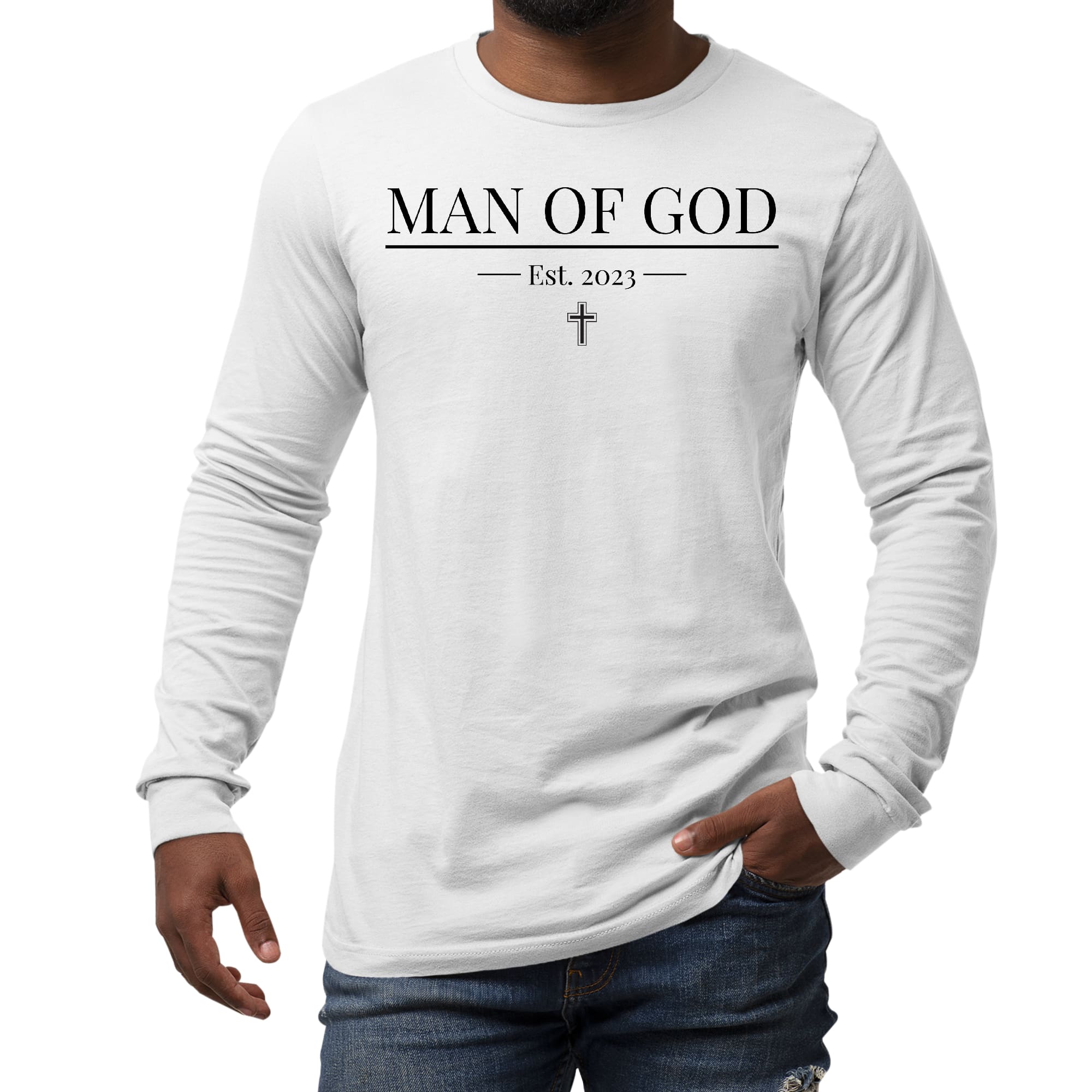 Men's Long Sleeve Graphic T-shirt featuring a 'Man of God' illustration, made from soft preshrunk cotton.