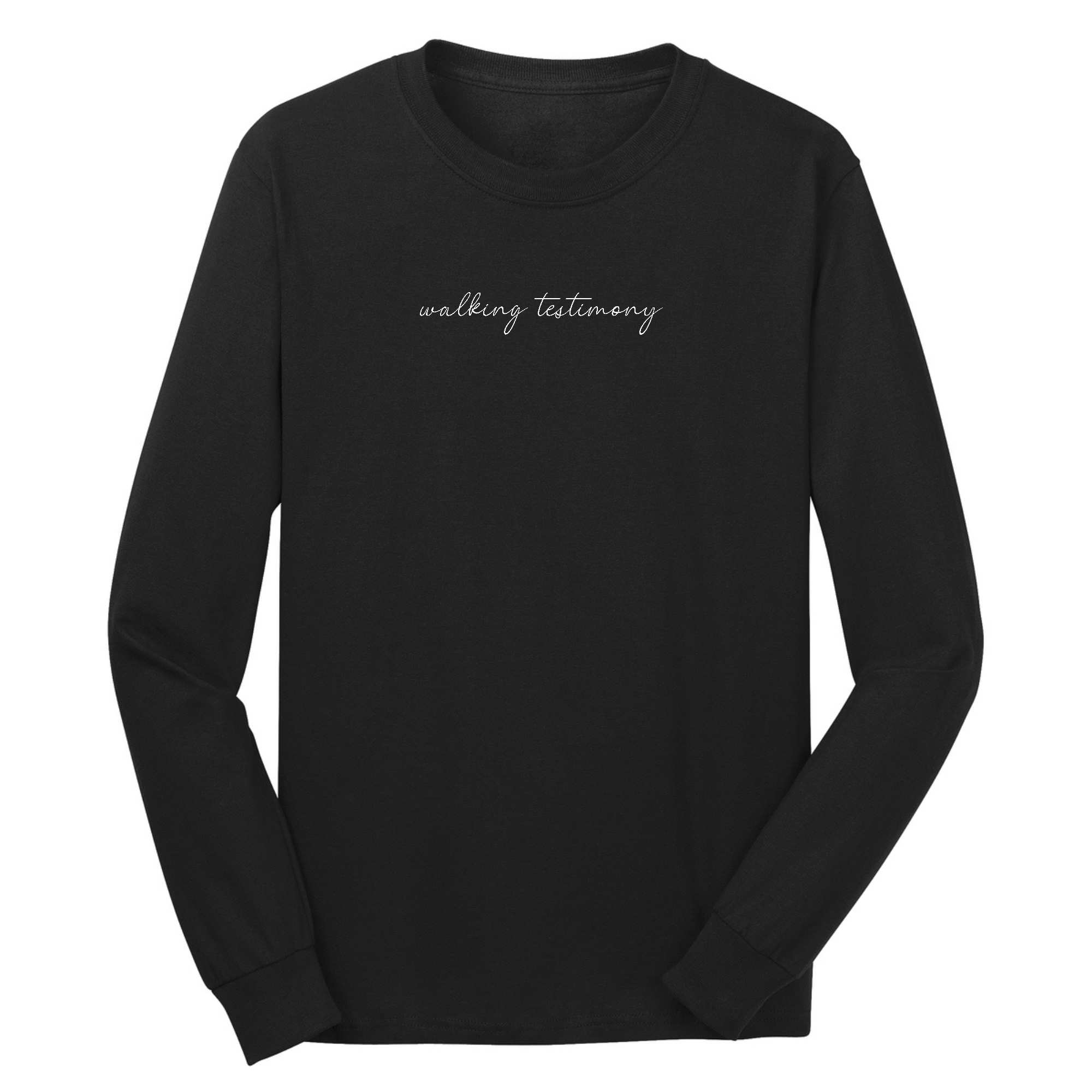 Men's Long Sleeve Graphic T-shirt featuring 'Say it Soul, Walking Testimony' design, made from soft preshrunk cotton.