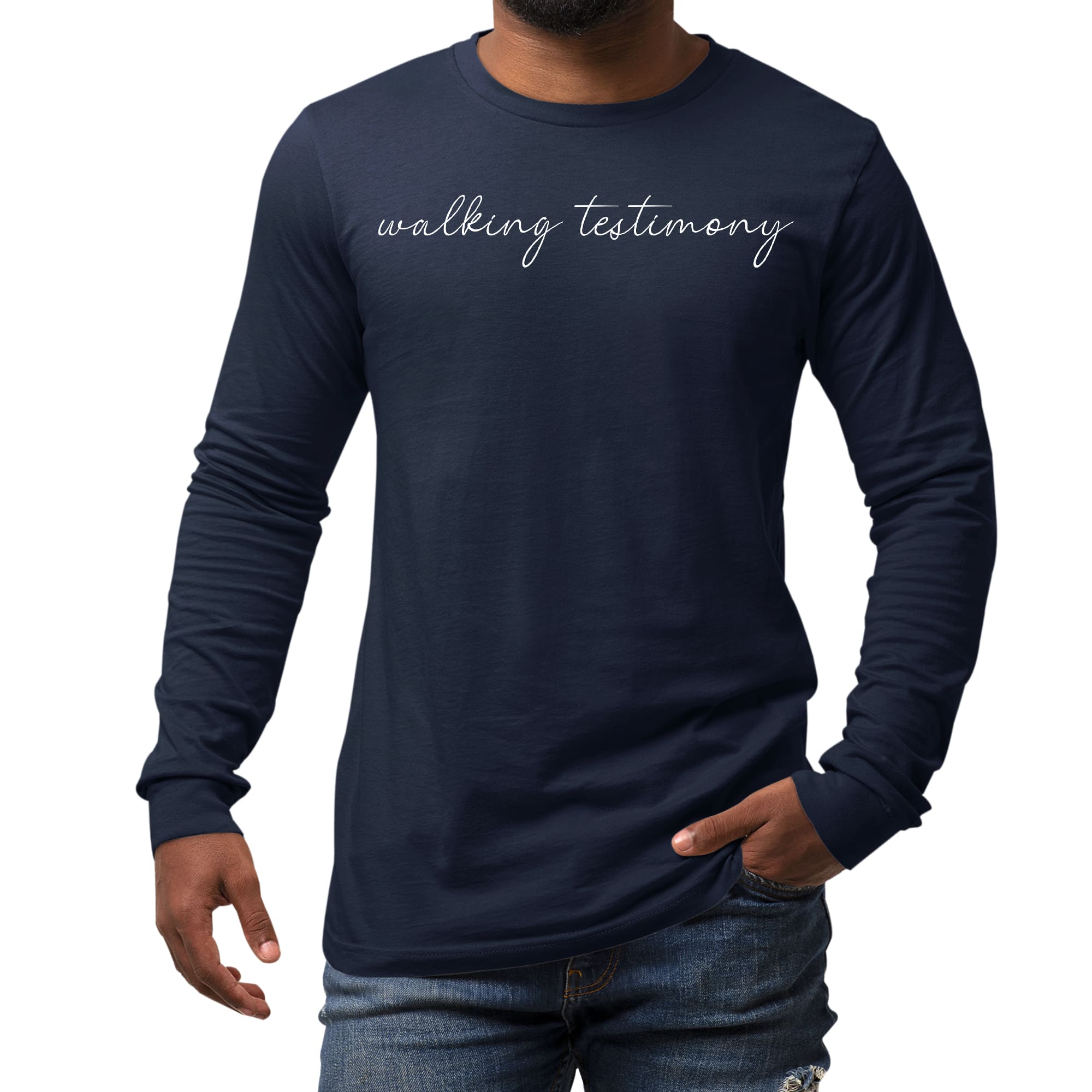 Men's Long Sleeve Graphic T-shirt featuring 'Say it Soul, Walking Testimony' design, made from soft preshrunk cotton.