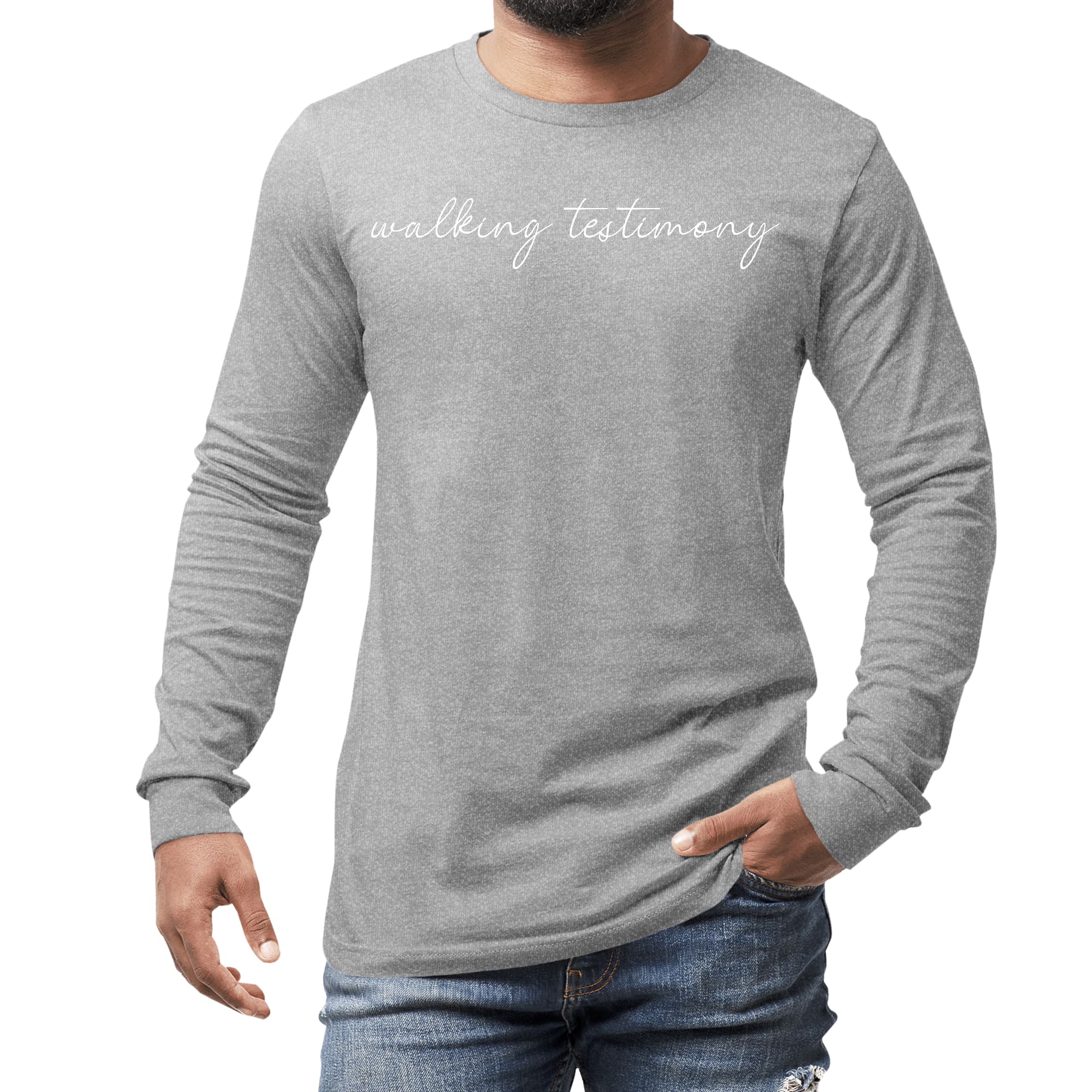 Men's Long Sleeve Graphic T-shirt featuring 'Say it Soul, Walking Testimony' design, made from soft preshrunk cotton.