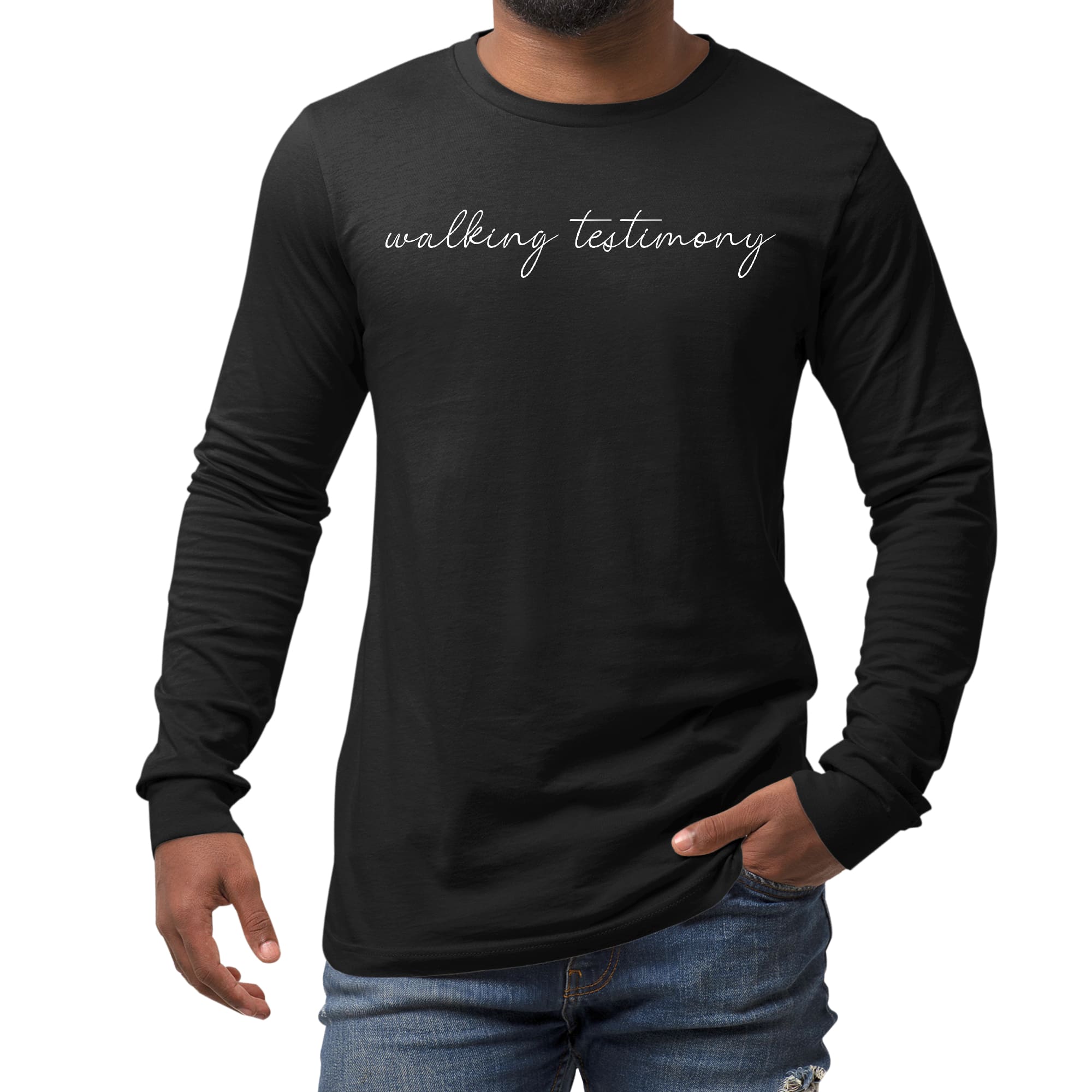 Men's Long Sleeve Graphic T-shirt featuring 'Say it Soul, Walking Testimony' design, made from soft preshrunk cotton.