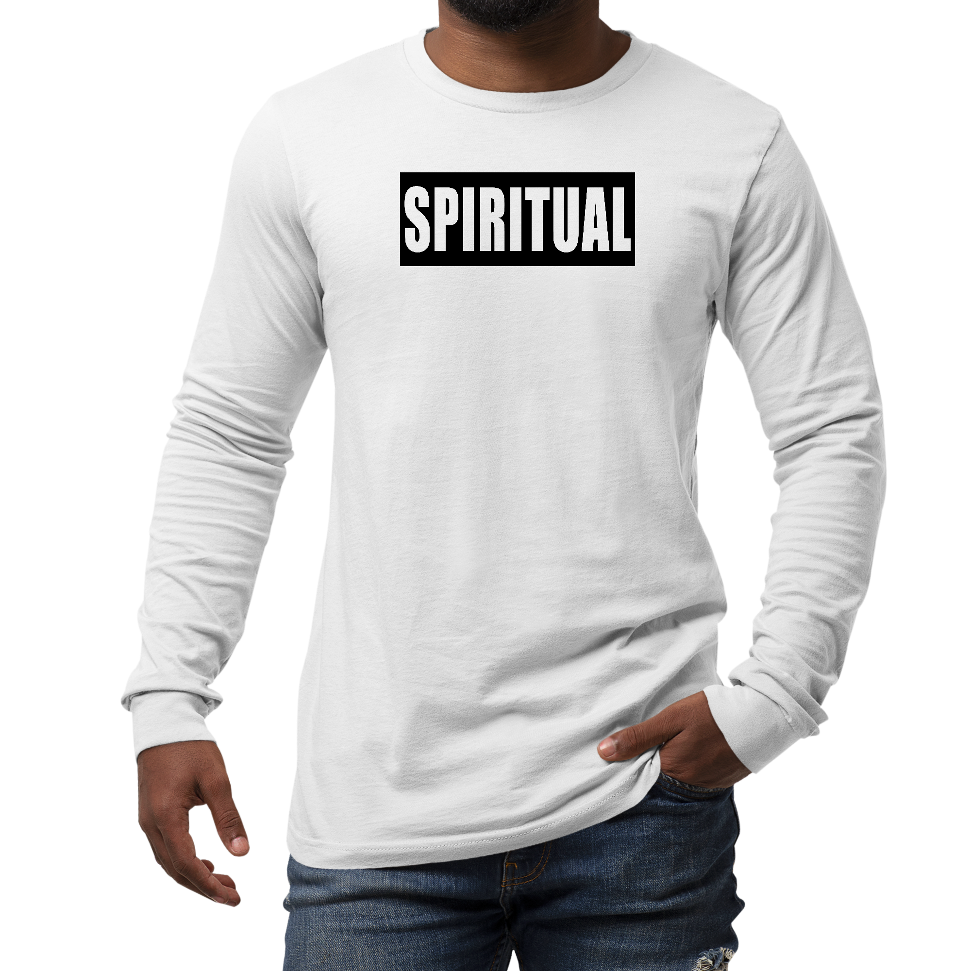 Men's Long Sleeve Graphic T-shirt in Spiritual Black Colorblock featuring a trendy design and soft cotton fabric.