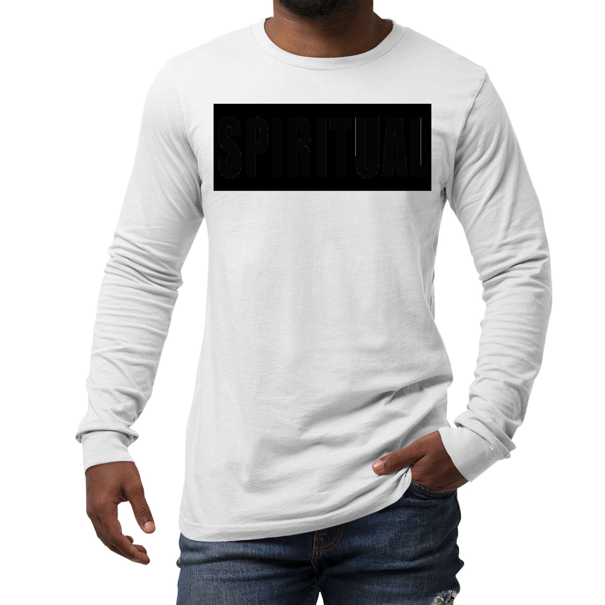 Men's Long Sleeve Graphic T-shirt in Spiritual Black Colorblock featuring a trendy design and soft cotton fabric.