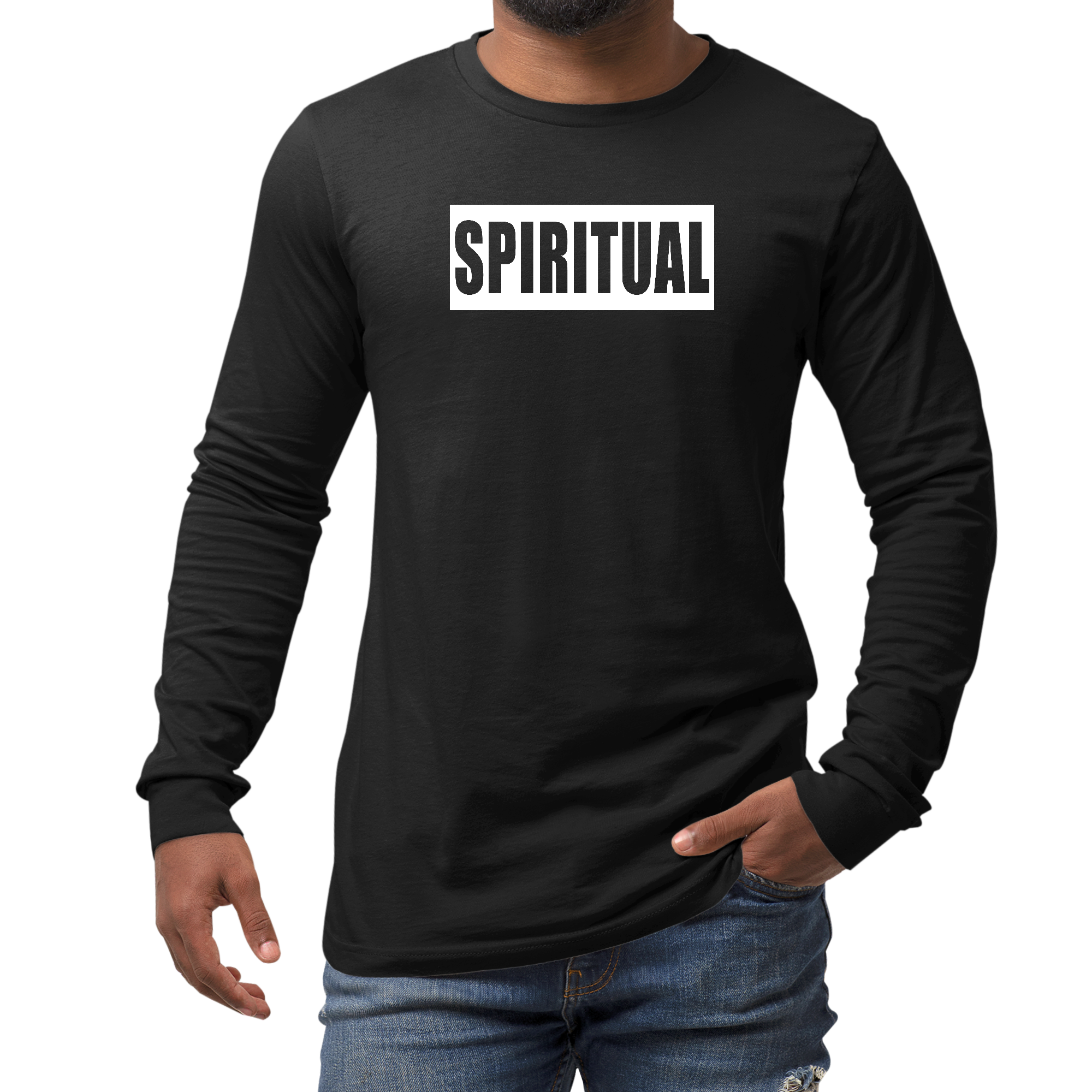 Men's Long Sleeve Graphic T-shirt in Spiritual White Colorblock featuring a trendy design and soft cotton fabric.