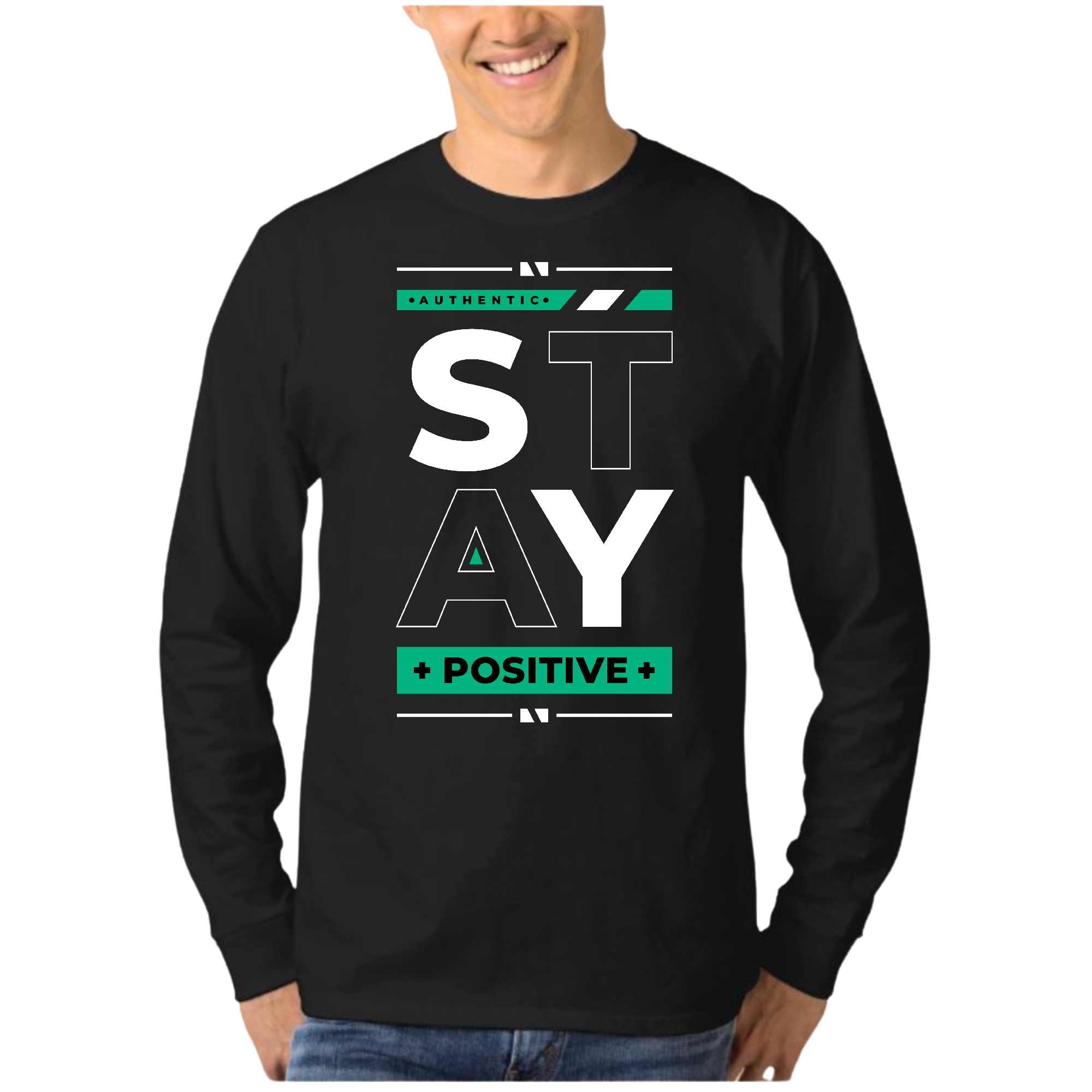 Men's Long Sleeve Graphic T-shirt featuring 'Stay Positive' design in soft cotton material, suitable for unisex wear.