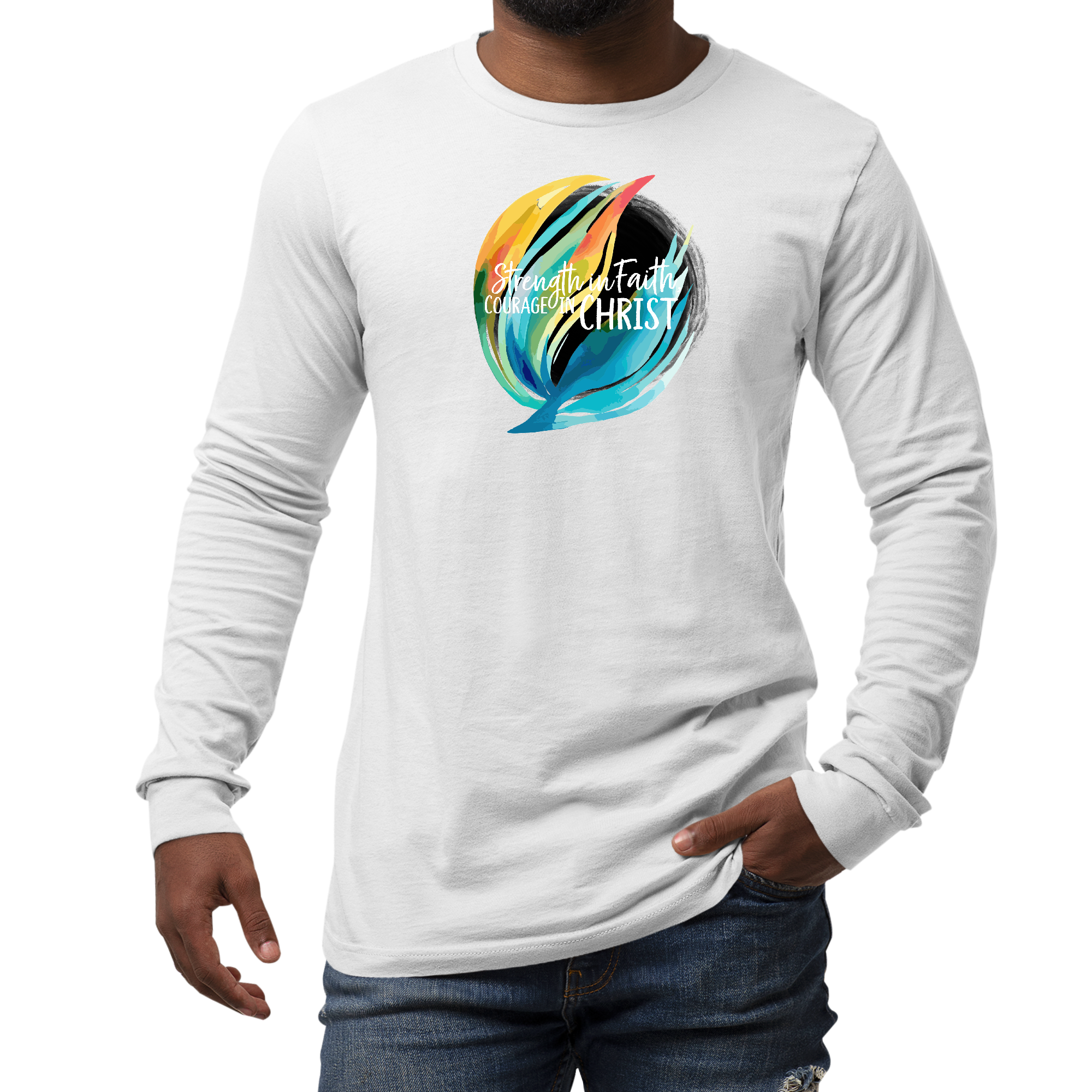 Men's Long Sleeve Graphic T-shirt with 'Strength in Faith, Courage in Christ' design, showcasing vibrant colors and comfortable fit.